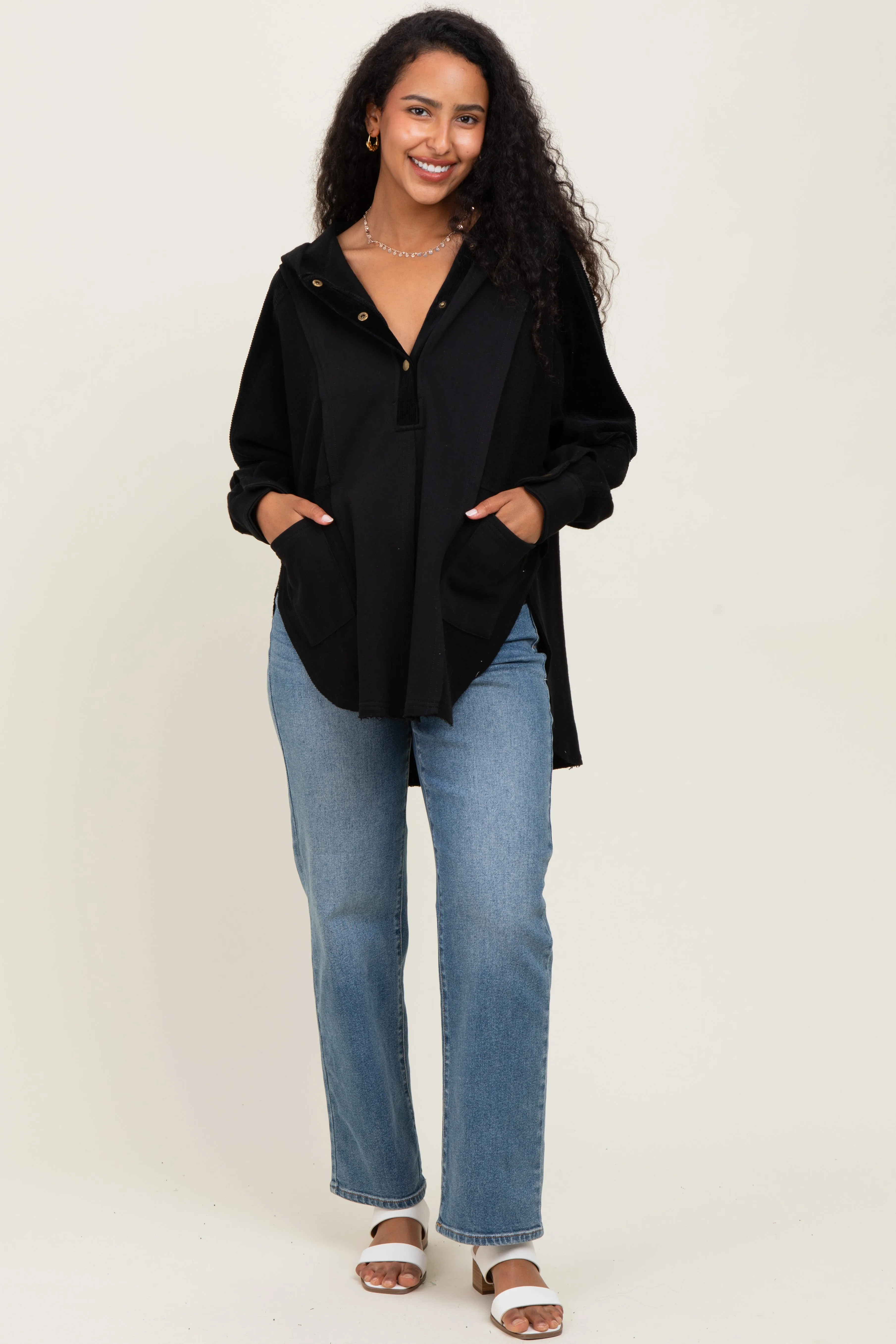 Black Corduroy Contrast Oversized Maternity Hoodie sold by Pinkblush product image thumbnail 2