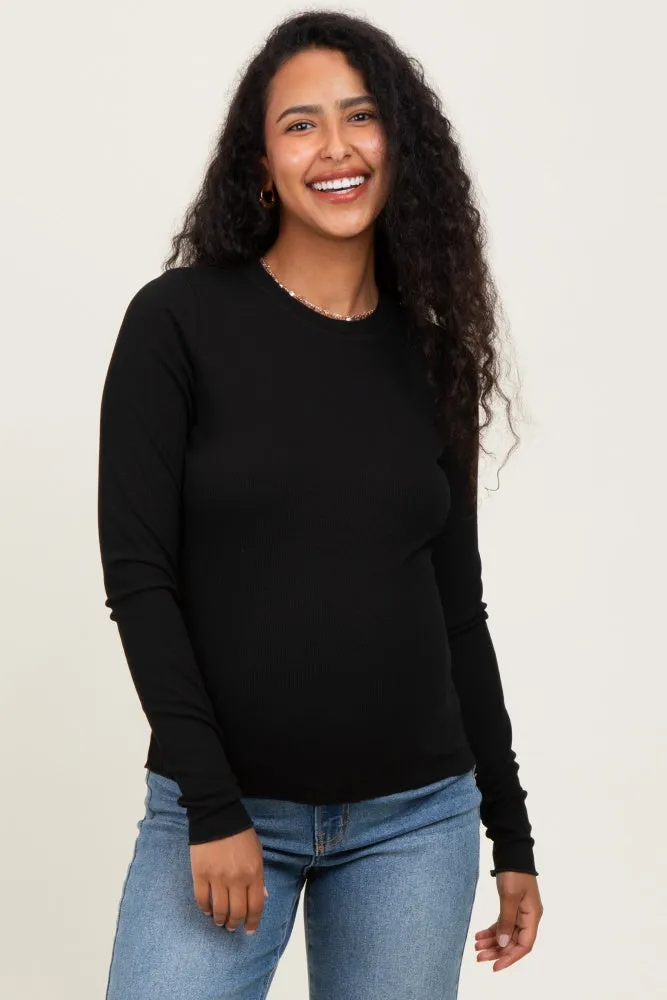 Black Basic Ribbed Knit Long Sleeve Maternity Top sold by Pinkblush