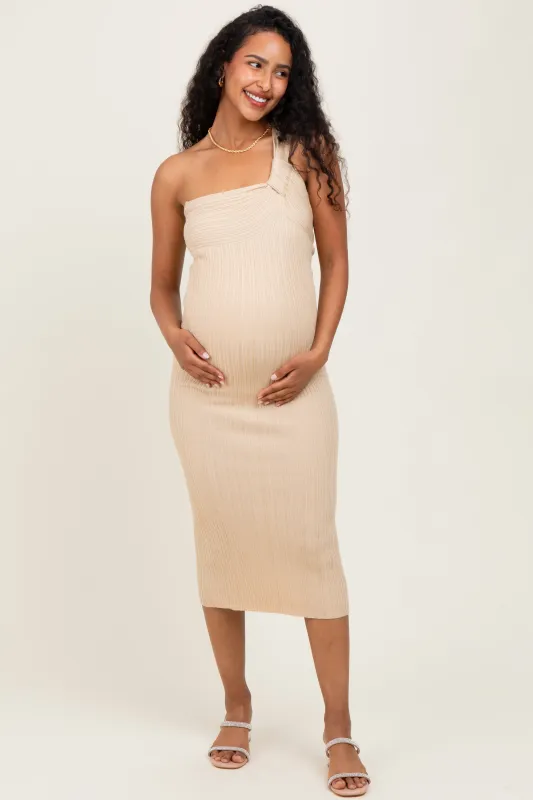 Beige Metallic Ribbed Knit One Strap Maternity Midi Dress sold by Pinkblush