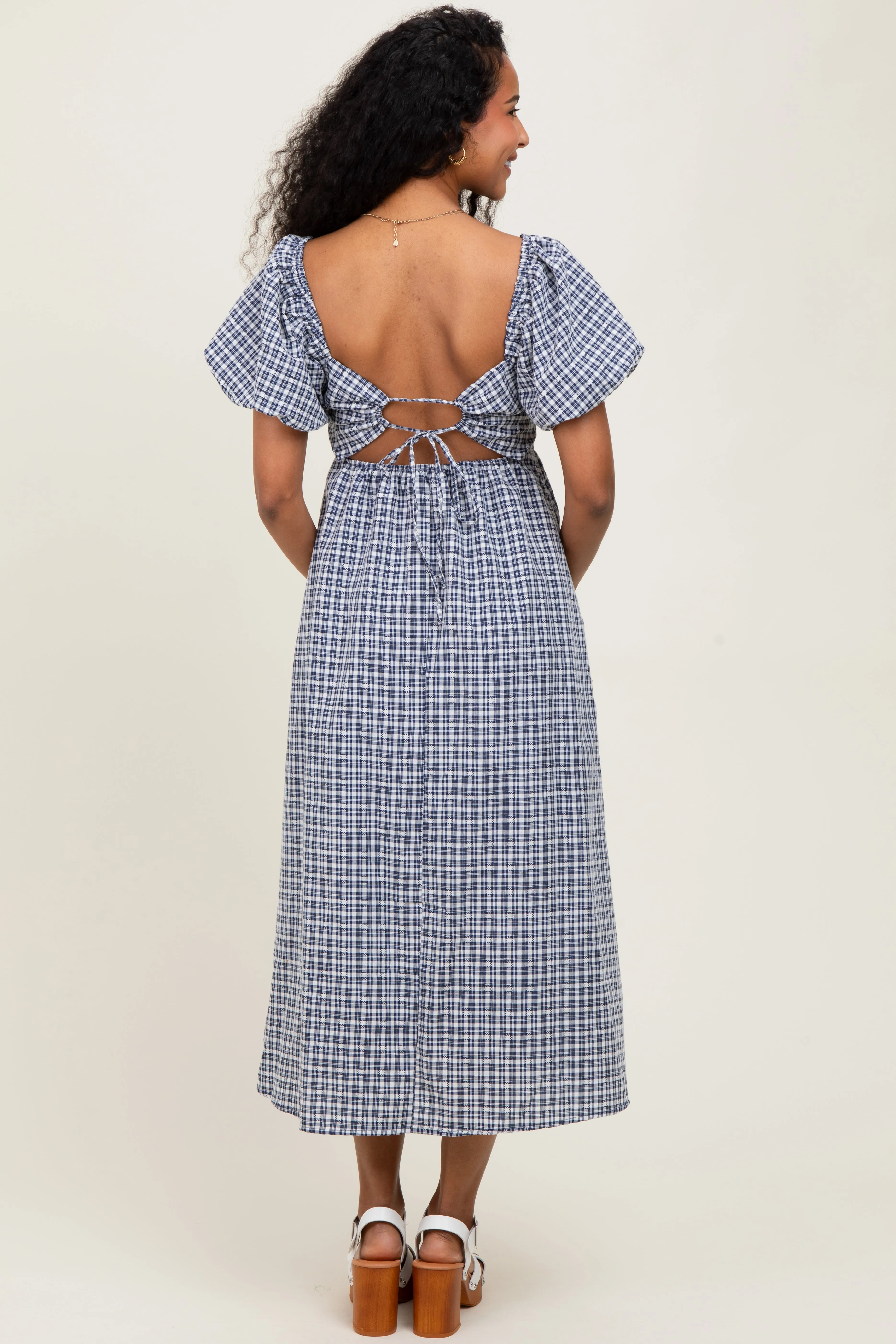 Navy Textured Plaid Pen Back Maternity Midi Dress sold by Pinkblush product image thumbnail 4