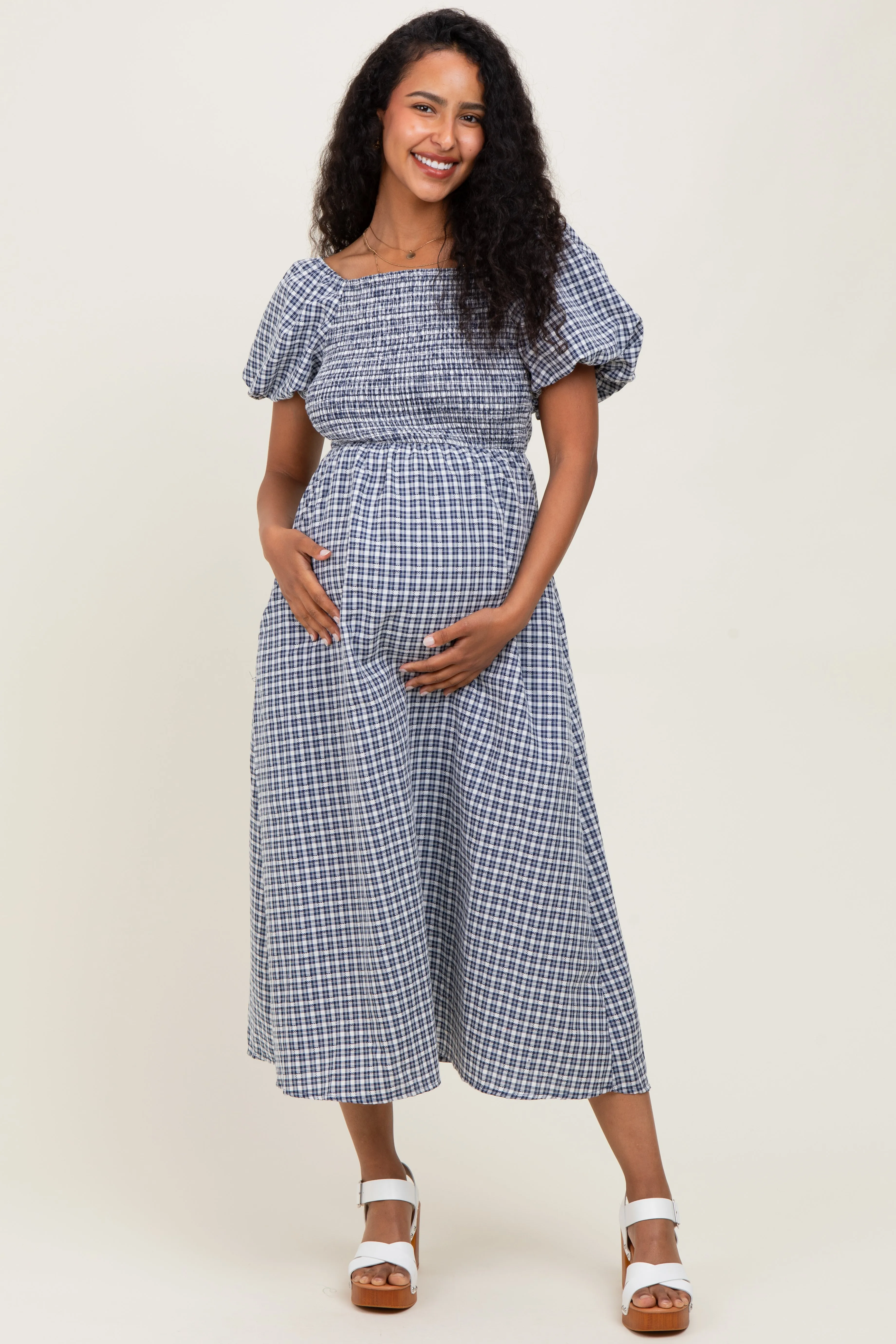 Navy Textured Plaid Pen Back Maternity Midi Dress sold by Pinkblush