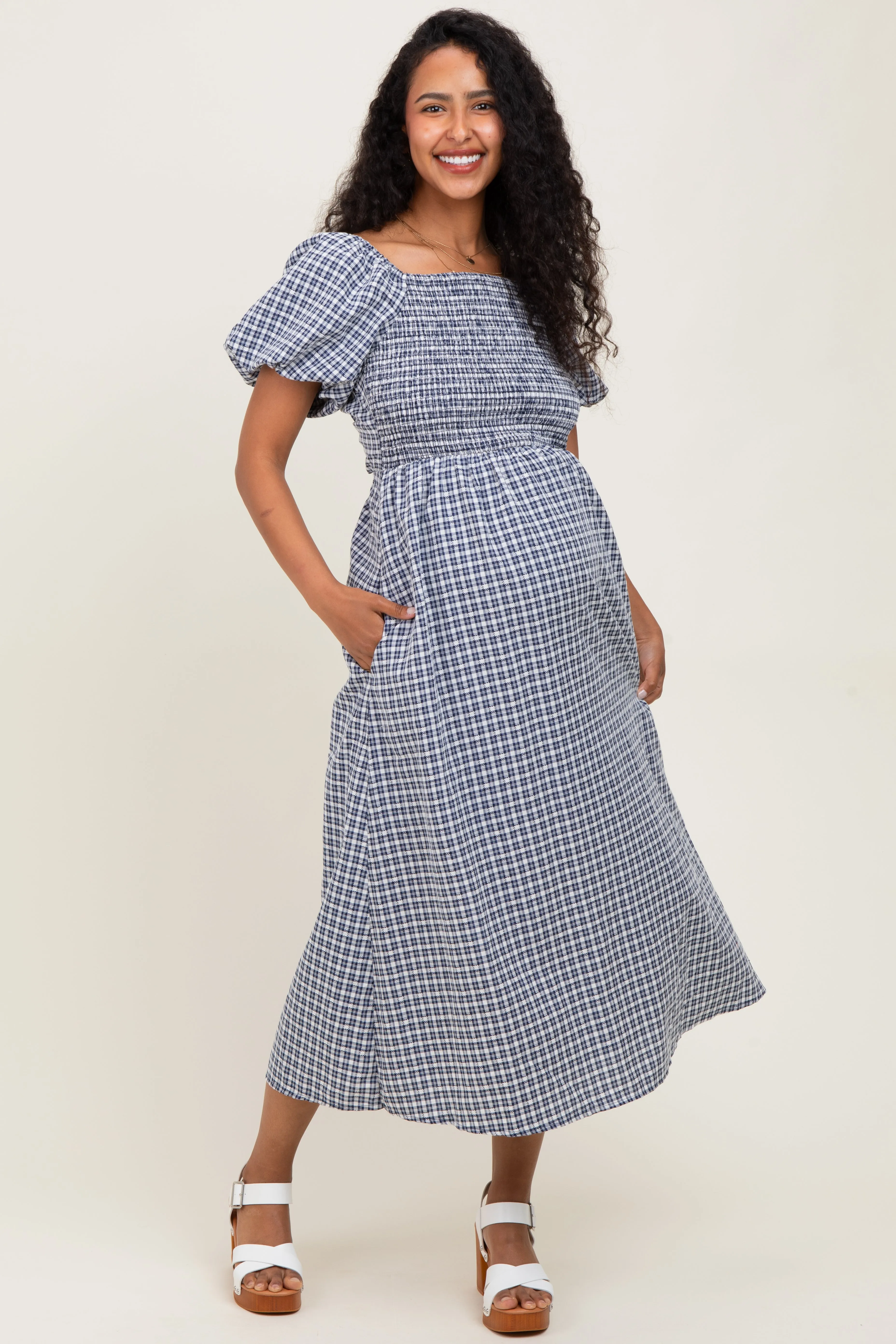 Navy Textured Plaid Pen Back Maternity Midi Dress sold by Pinkblush product image thumbnail 2