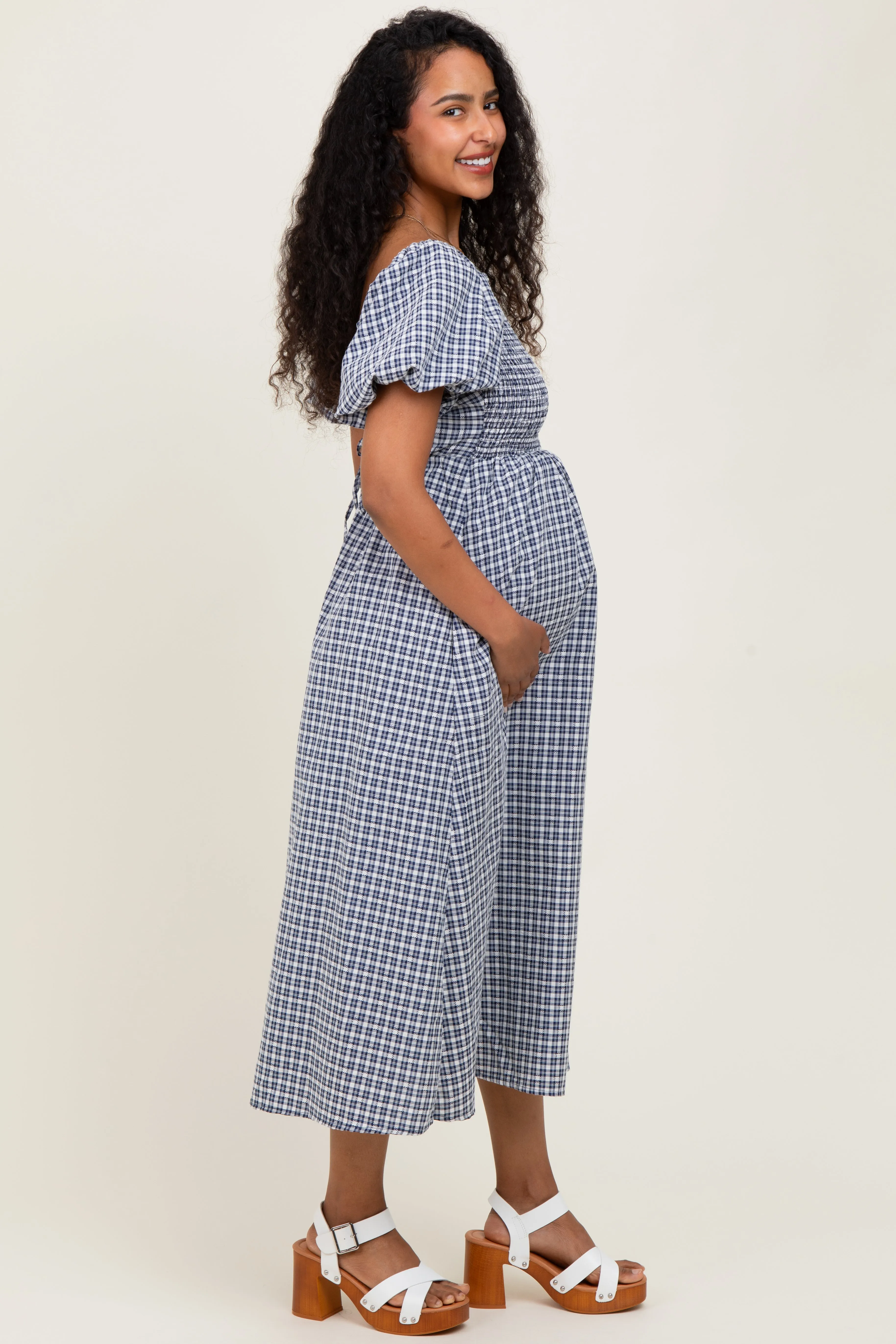 Navy Textured Plaid Pen Back Maternity Midi Dress sold by Pinkblush product image thumbnail 3
