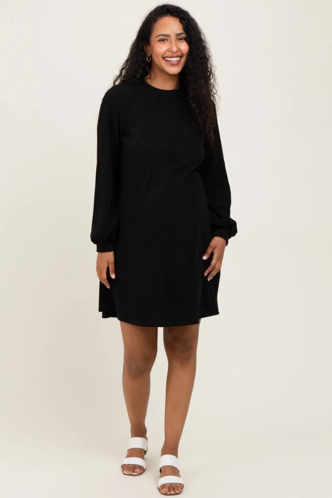 Black Ribbed Mock Neck Bubble Sleeve Maternity Dress sold by Pinkblush