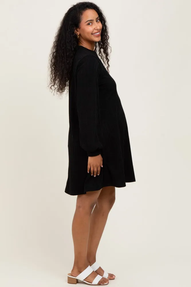 Black Ribbed Mock Neck Bubble Sleeve Maternity Dress sold by Pinkblush product image thumbnail 2