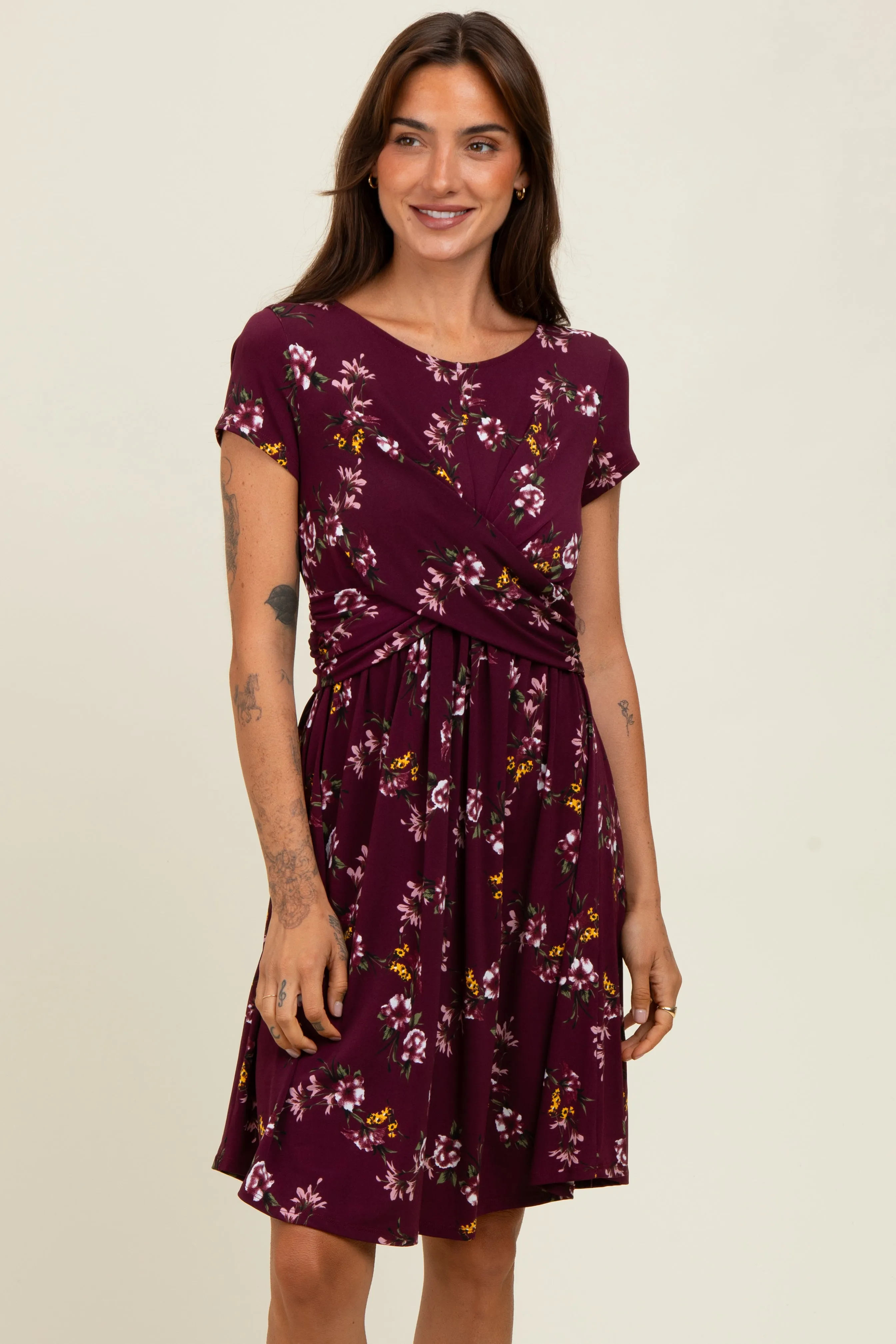 Burgundy Floral Crossover Front Maternity Dress sold by Pinkblush product image thumbnail 4