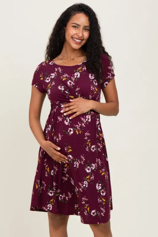 Burgundy Floral Crossover Front Maternity Dress sold by Pinkblush