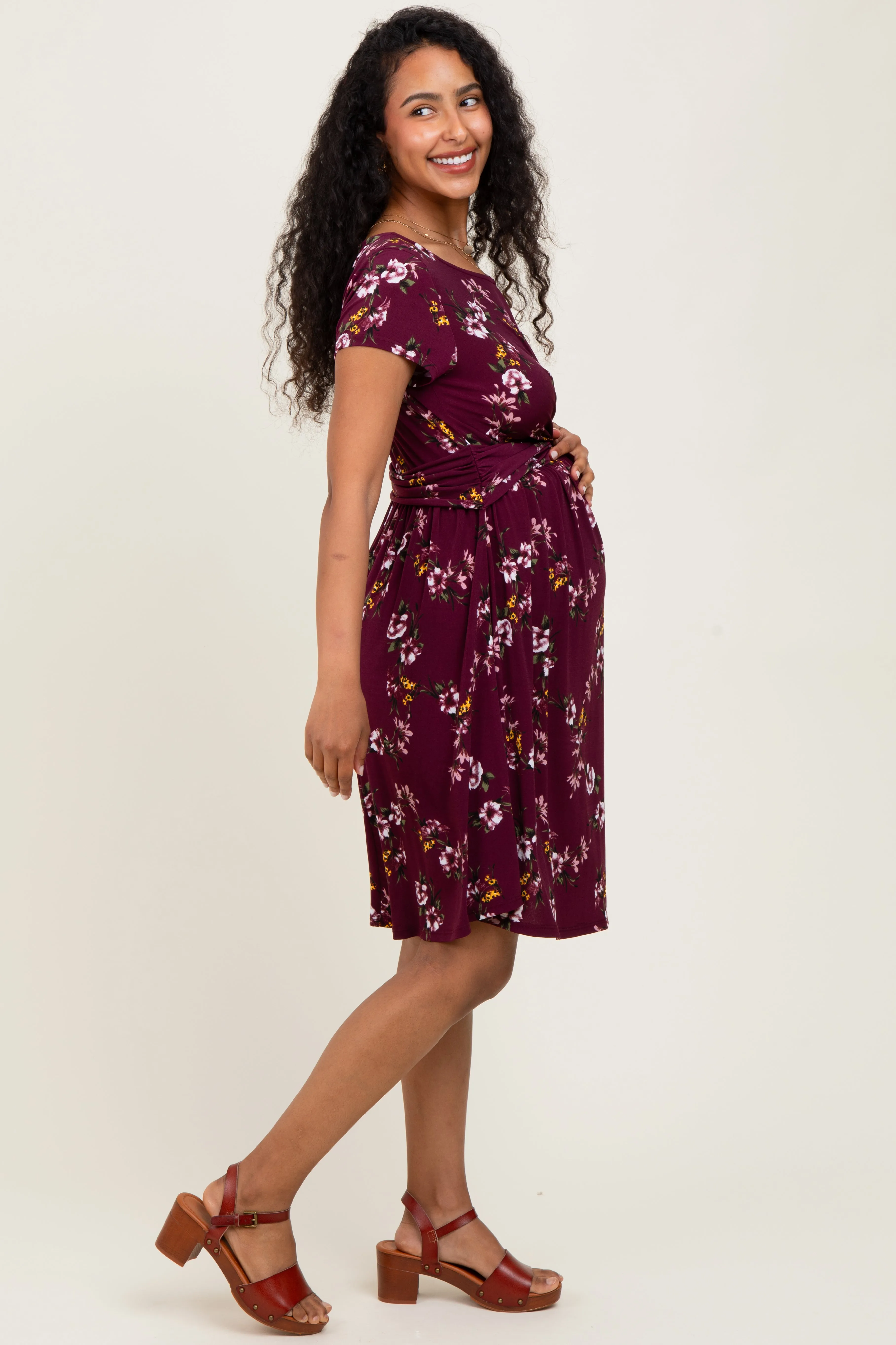 Burgundy Floral Crossover Front Maternity Dress sold by Pinkblush product image thumbnail 2