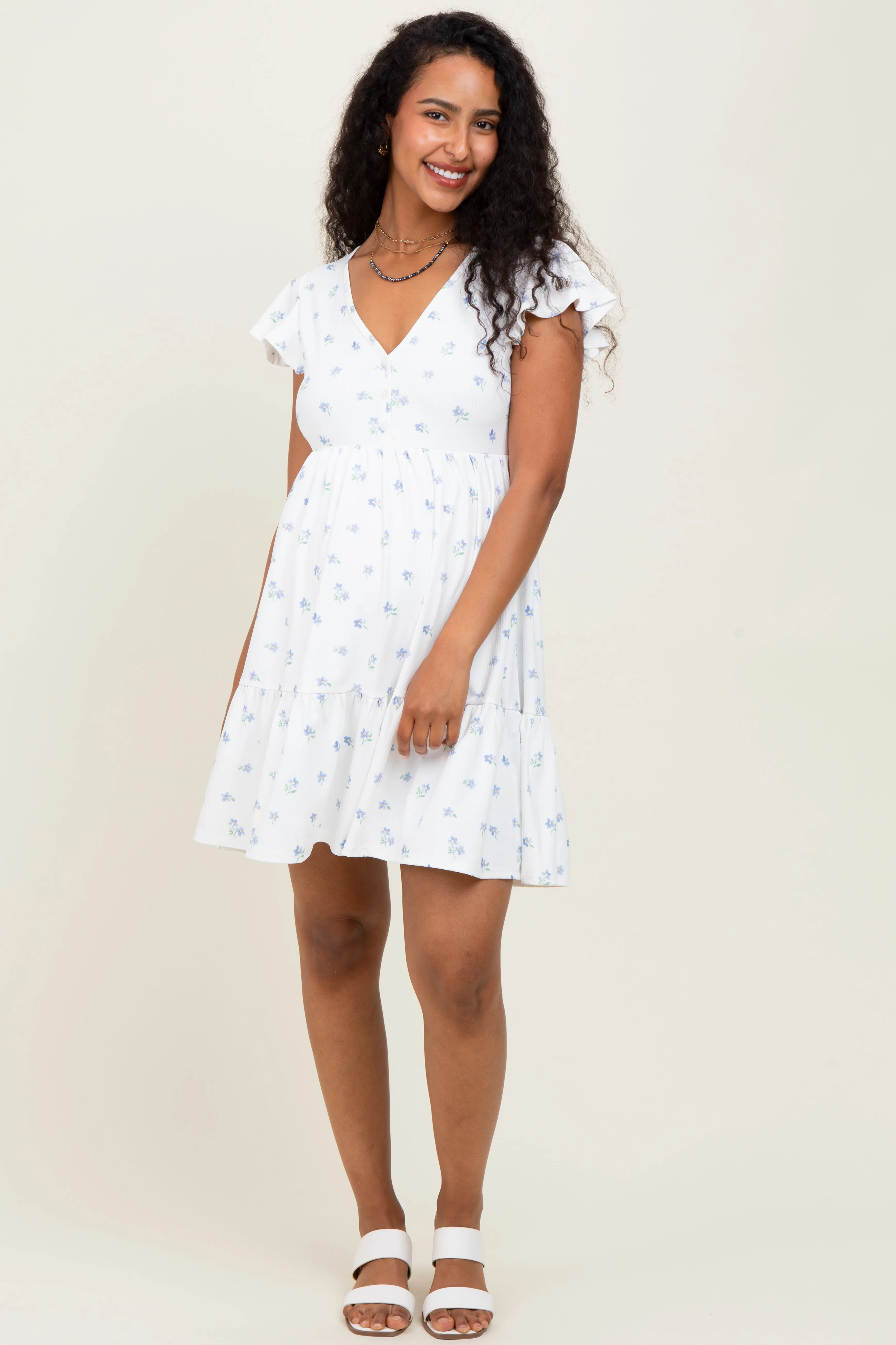White Ruffle Sleeve Tiered Floral Knit Rib Maternity Mini Dress sold by Pinkblush