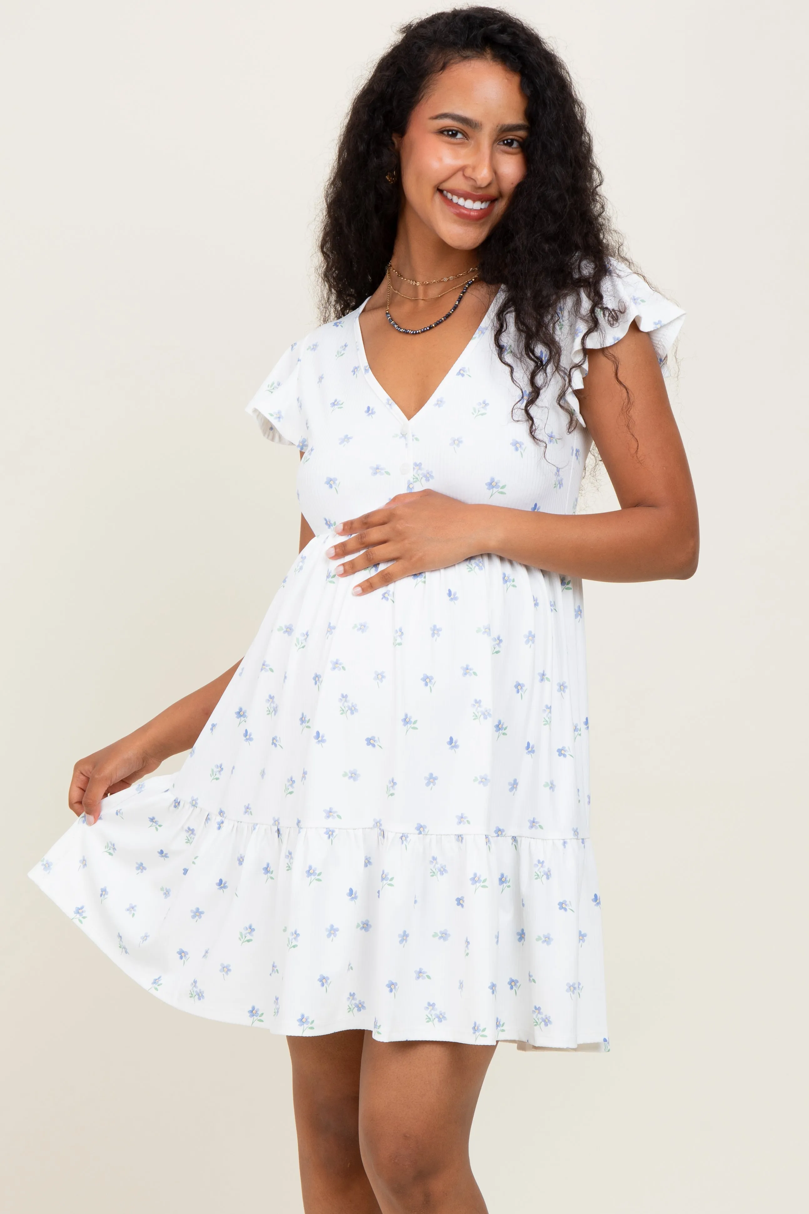 White Ruffle Sleeve Tiered Floral Knit Rib Maternity Mini Dress sold by Pinkblush product image thumbnail 2