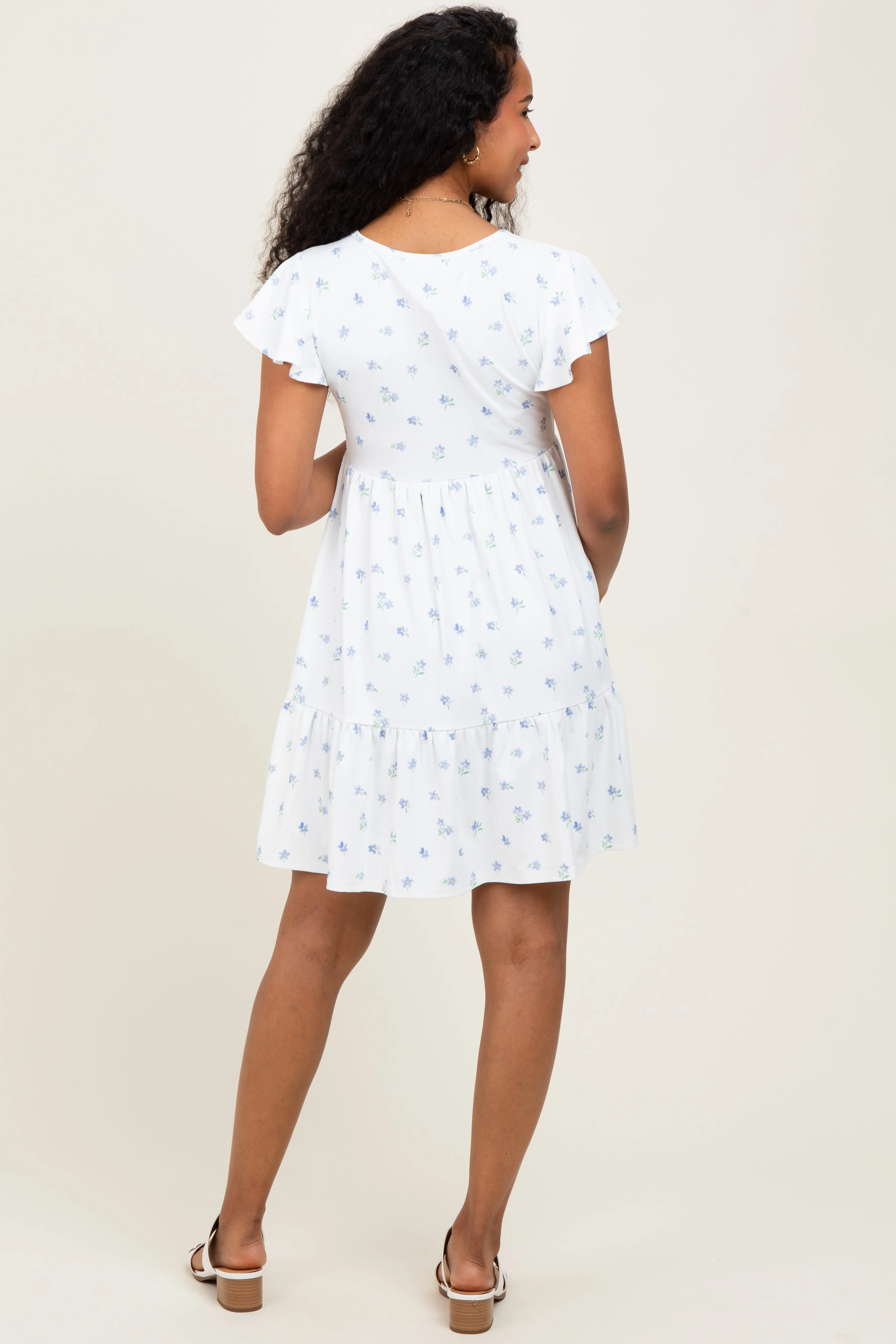 White Ruffle Sleeve Tiered Floral Knit Rib Maternity Mini Dress sold by Pinkblush product image thumbnail 4