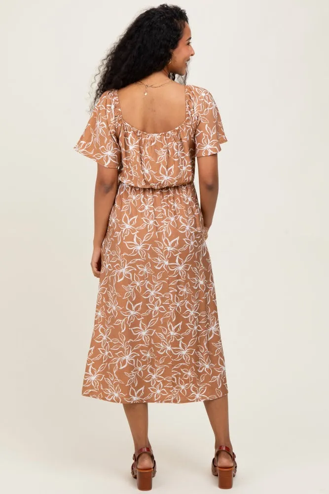 Mocha Floral Print Smocked Maternity Midi Dress sold by Pinkblush product image thumbnail 4