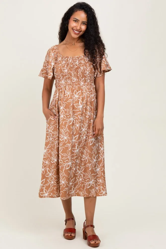 Mocha Floral Print Smocked Maternity Midi Dress sold by Pinkblush