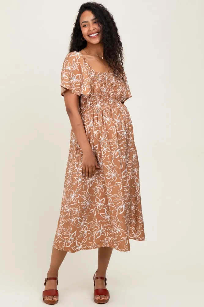 Mocha Floral Print Smocked Maternity Midi Dress sold by Pinkblush product image thumbnail 2