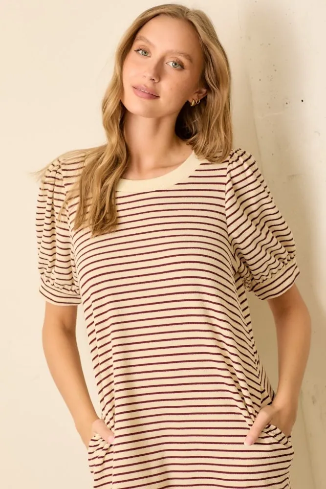 Burgundy Striped Puff Sleeve Midi T-Shirt Dress sold by Pinkblush product image thumbnail 4