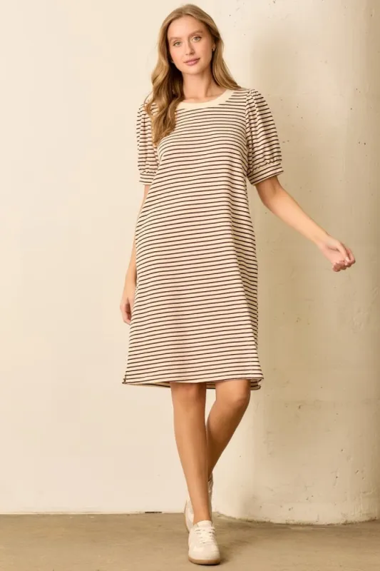 Burgundy Striped Puff Sleeve Midi T-Shirt Dress sold by Pinkblush