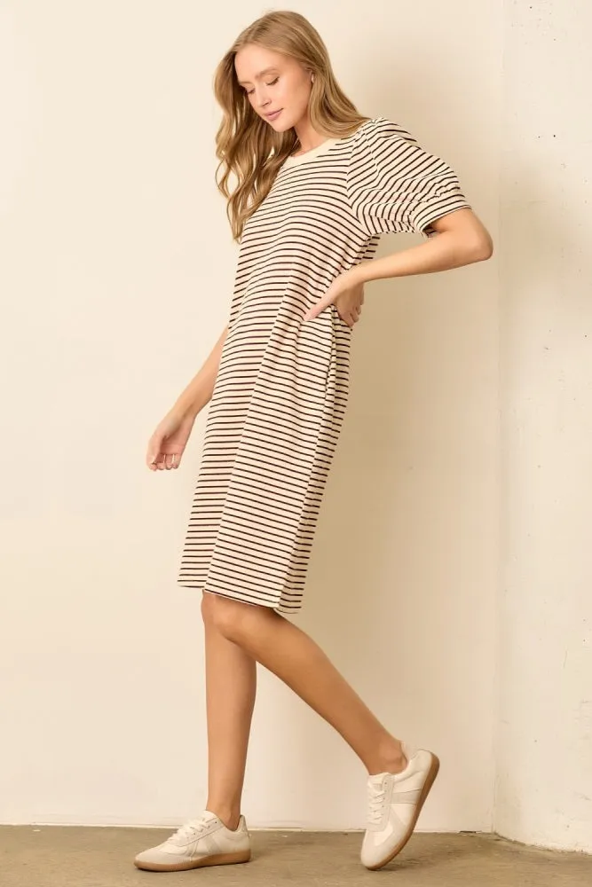 Burgundy Striped Puff Sleeve Midi T-Shirt Dress sold by Pinkblush product image thumbnail 2