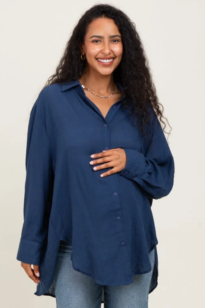 Navy Lightweight Sheer Button Down Maternity Blouse sold by Pinkblush product image thumbnail 2