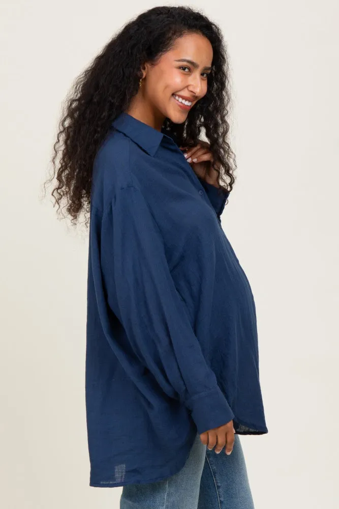Navy Lightweight Sheer Button Down Maternity Blouse sold by Pinkblush product image thumbnail 3