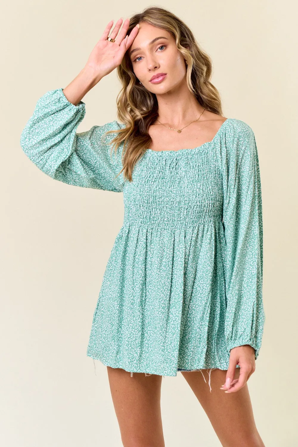 Sage Floral Smocked Long Sleeve Top sold by Pinkblush