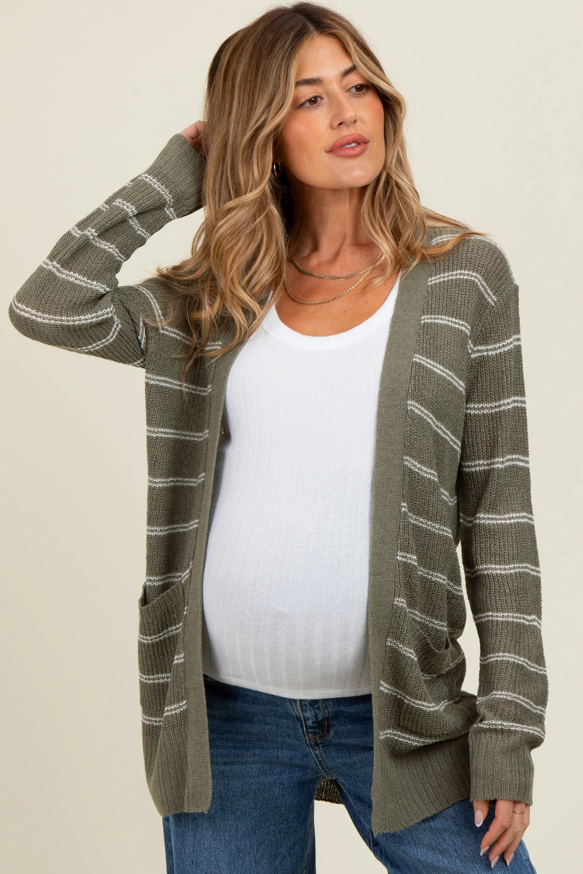 Olive Fine Knit Striped Maternity Open Cardigan sold by Pinkblush