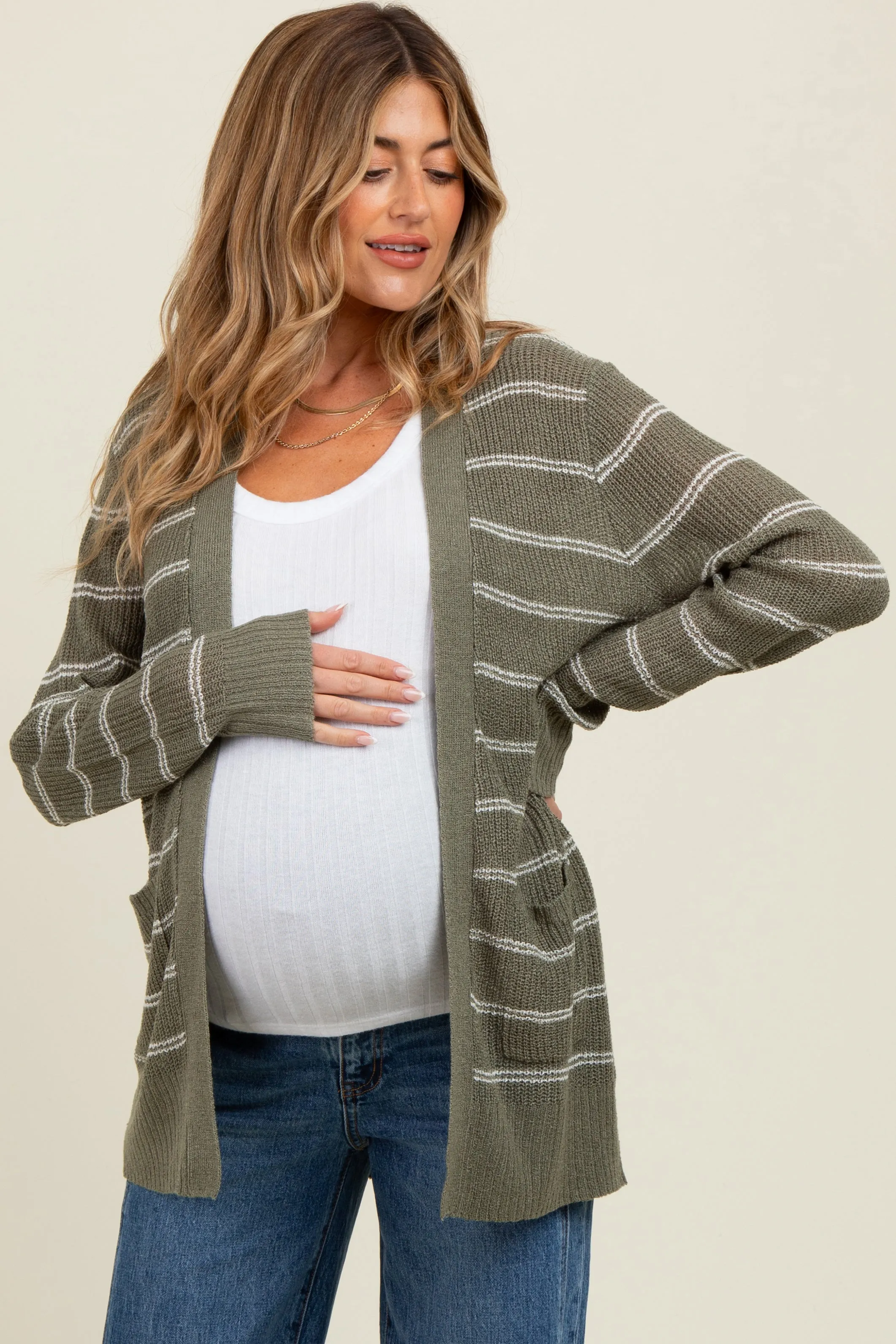 Olive Fine Knit Striped Maternity Open Cardigan sold by Pinkblush product image thumbnail 2