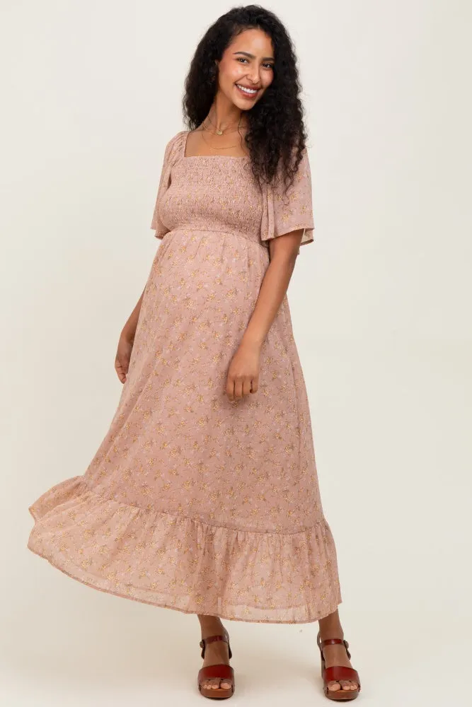 Mauve Floral Flutter Sleeve Ruffle Hem Maternity Midi Dress sold by Pinkblush product image thumbnail 2