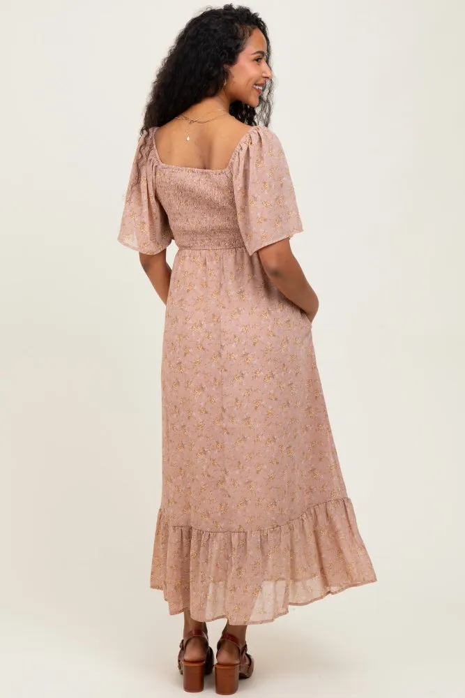 Mauve Floral Flutter Sleeve Ruffle Hem Maternity Midi Dress sold by Pinkblush product image thumbnail 3