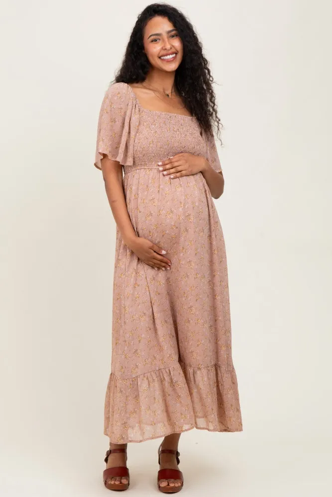 Mauve Floral Flutter Sleeve Ruffle Hem Maternity Midi Dress sold by Pinkblush