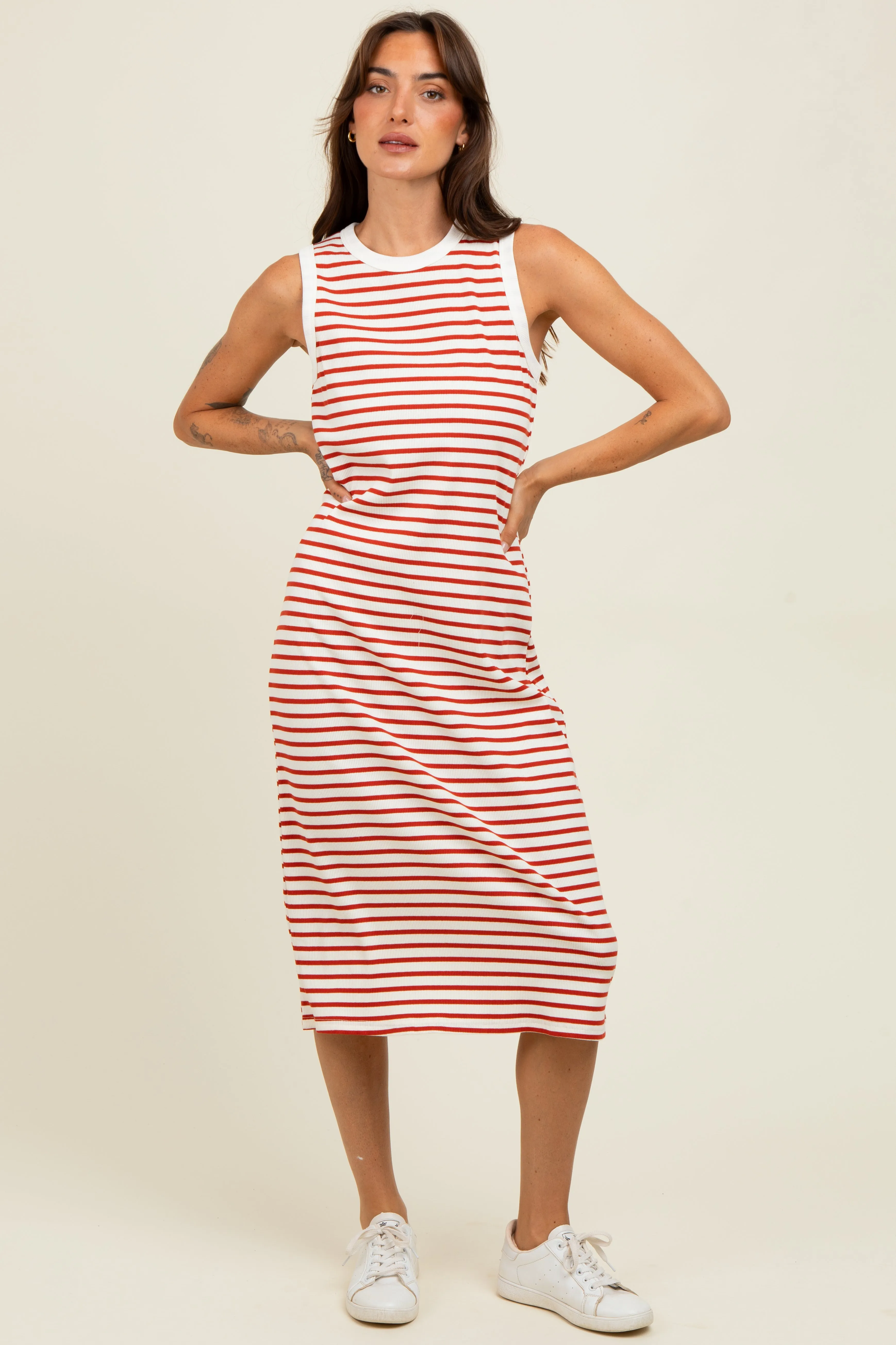 Red Striped Ribbed Knit Sleeveless Midi Dress sold by Pinkblush product image thumbnail 2