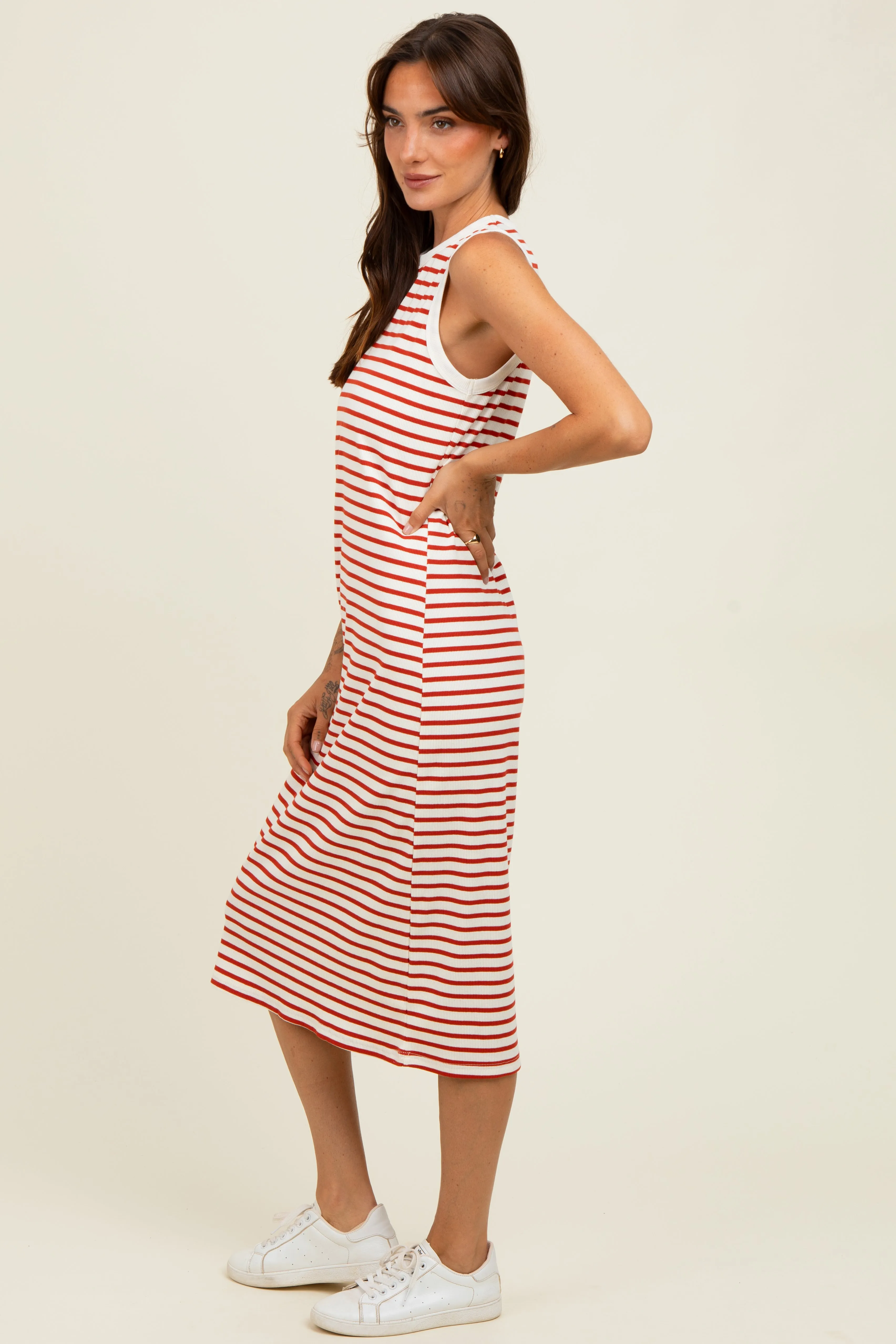 Red Striped Ribbed Knit Sleeveless Midi Dress sold by Pinkblush product image thumbnail 3