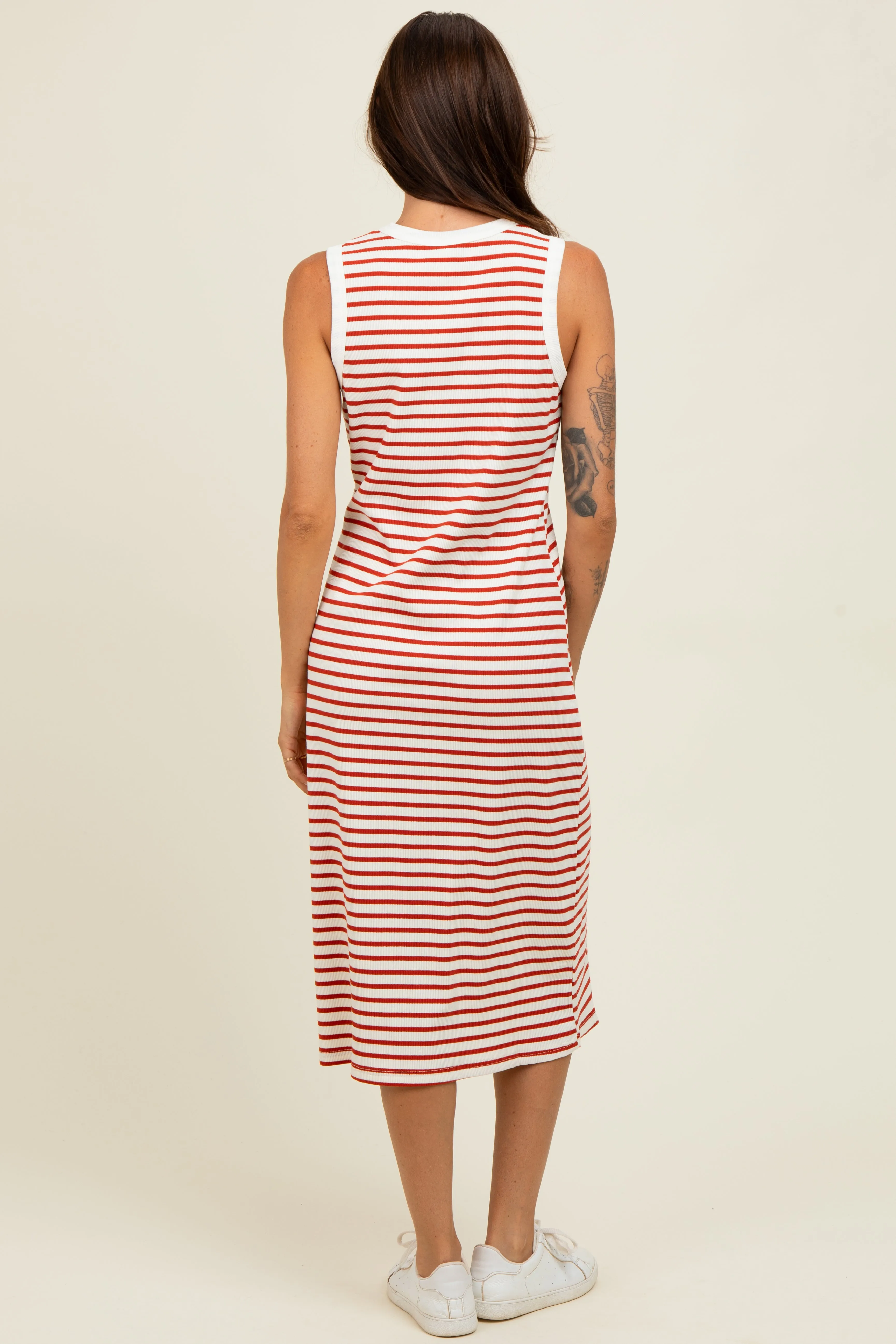 Red Striped Ribbed Knit Sleeveless Midi Dress sold by Pinkblush product image thumbnail 4