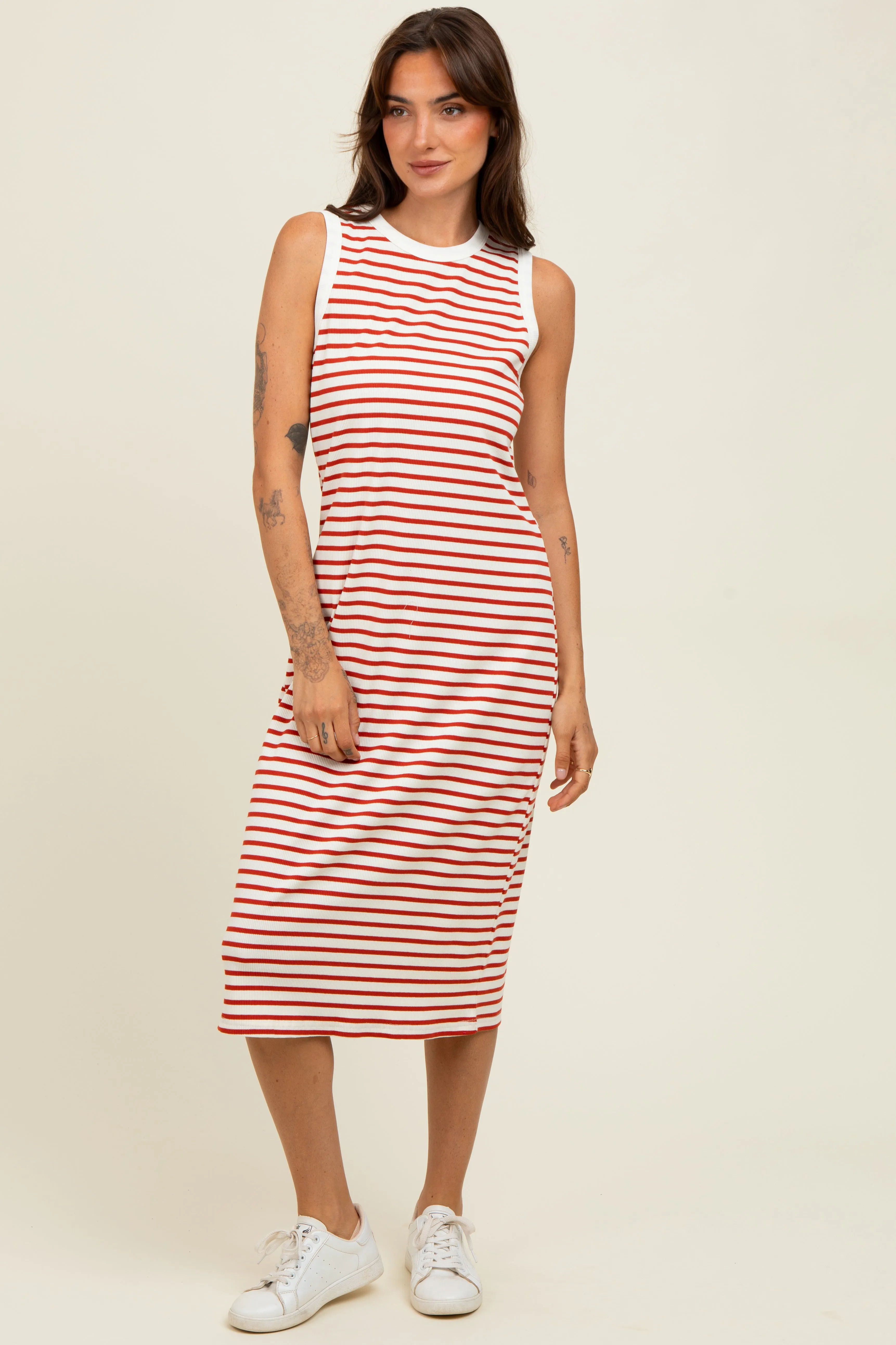 Red Striped Ribbed Knit Sleeveless Midi Dress sold by Pinkblush