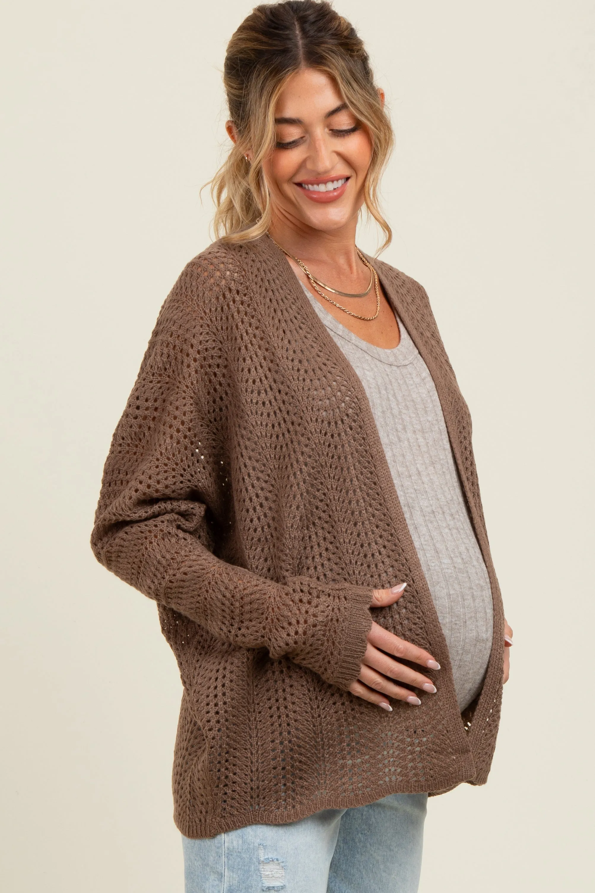Brown Crochet Knit Scallop Detail Open Maternity Cardigan sold by Pinkblush product image thumbnail 3