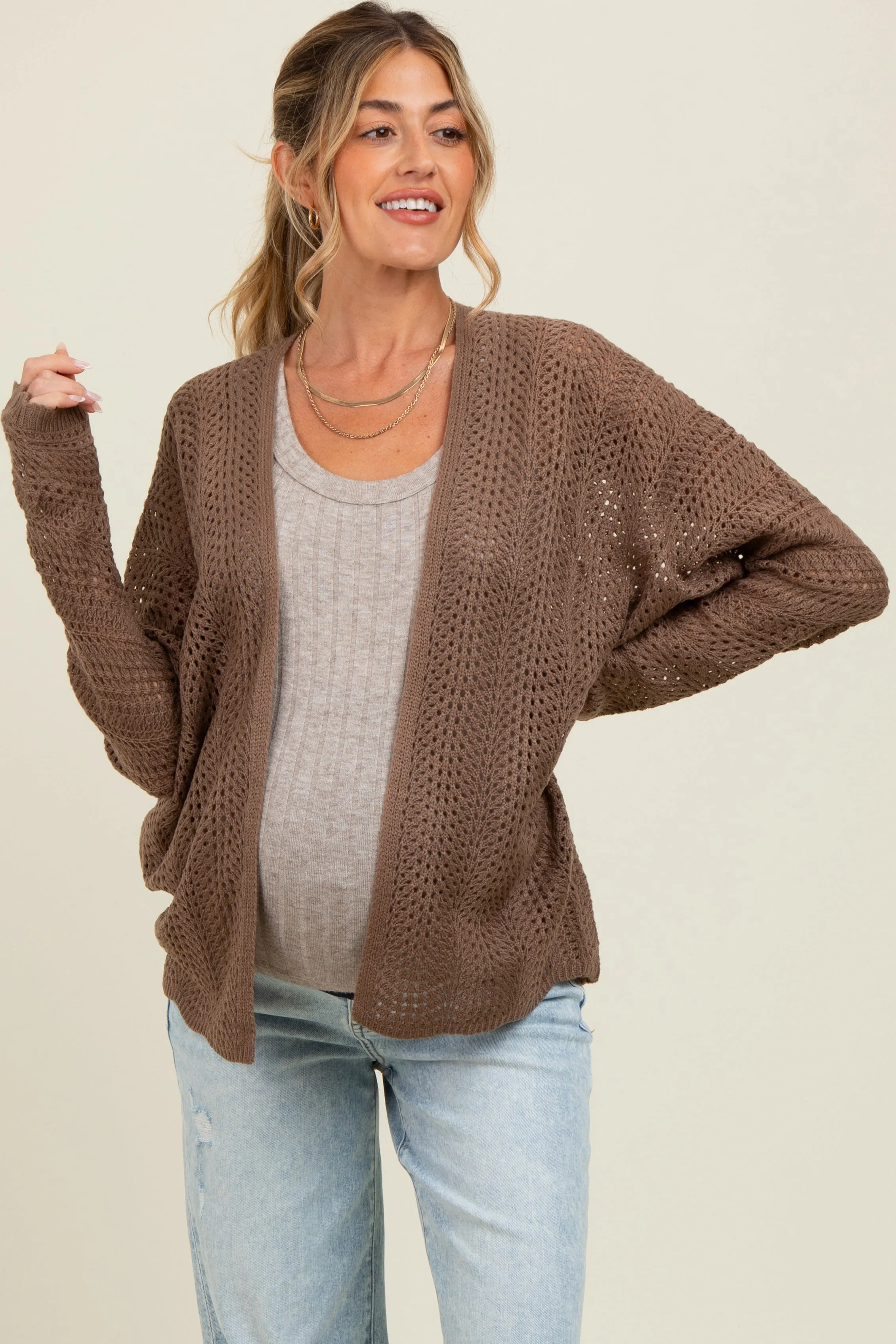 Brown Crochet Knit Scallop Detail Open Maternity Cardigan sold by Pinkblush