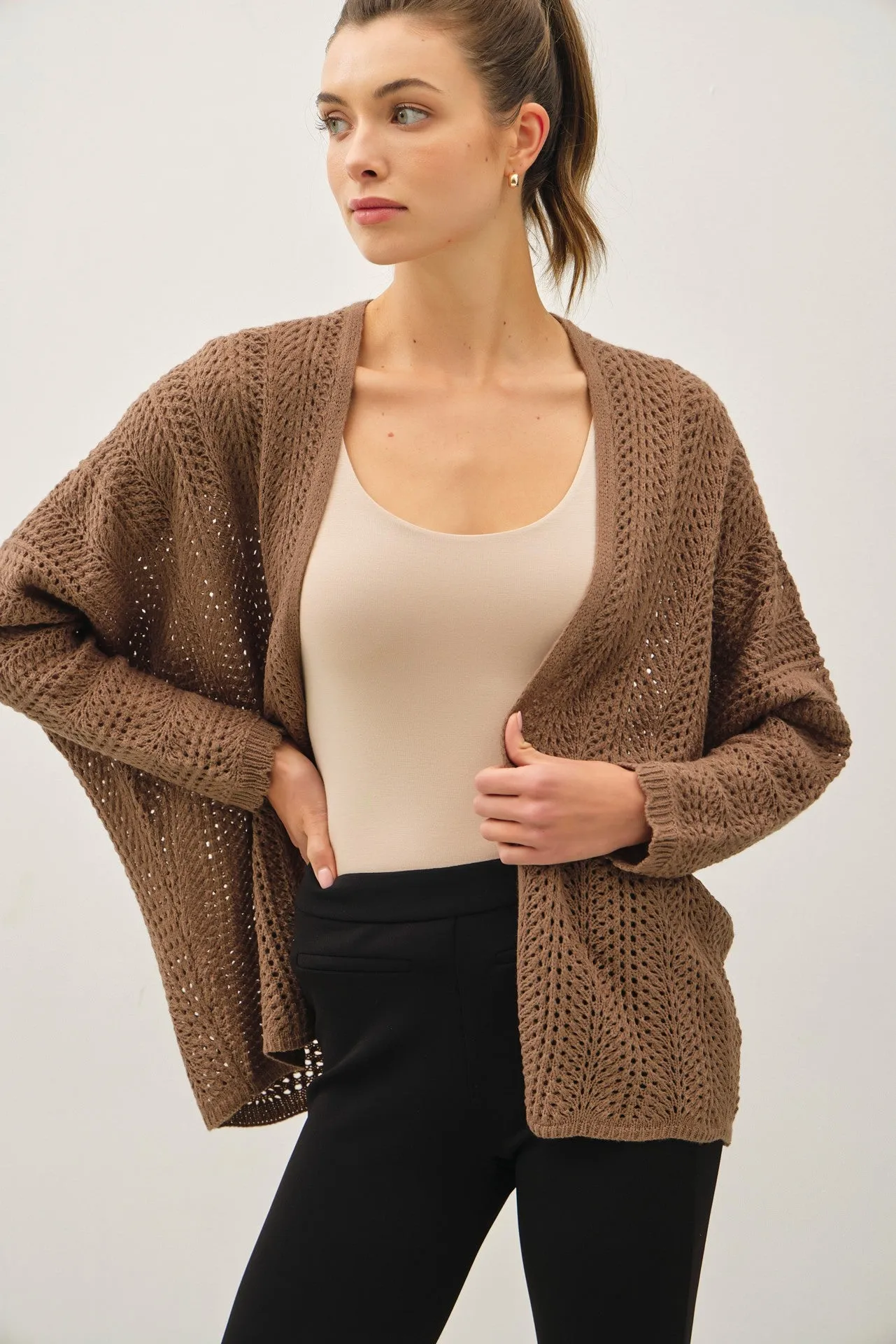 Brown Crochet Knit Scallop Detail Open Maternity Cardigan sold by Pinkblush product image thumbnail 5