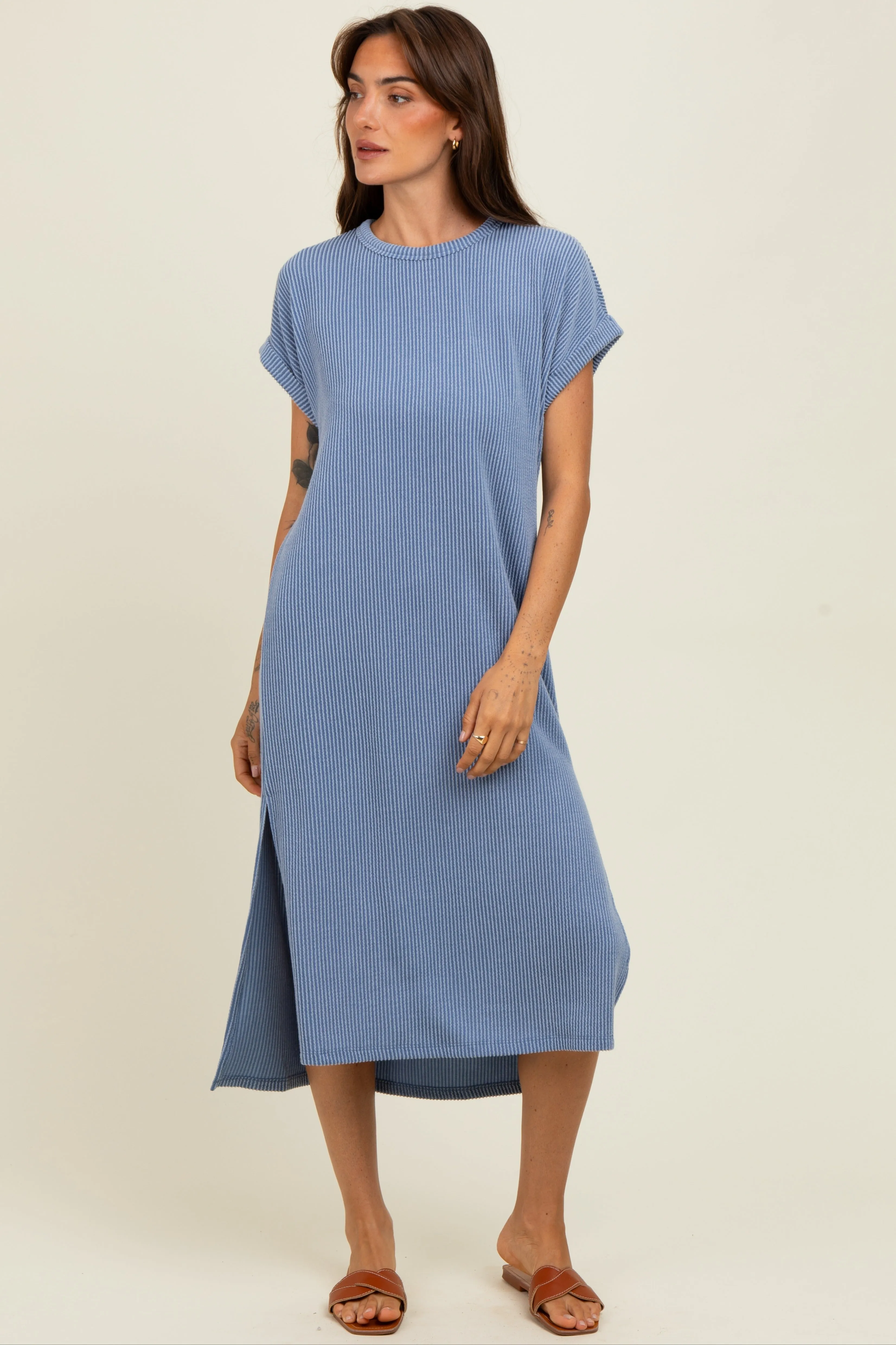Blue Ribbed Short Sleeve Maternity Midi Dress sold by Pinkblush product image thumbnail 5