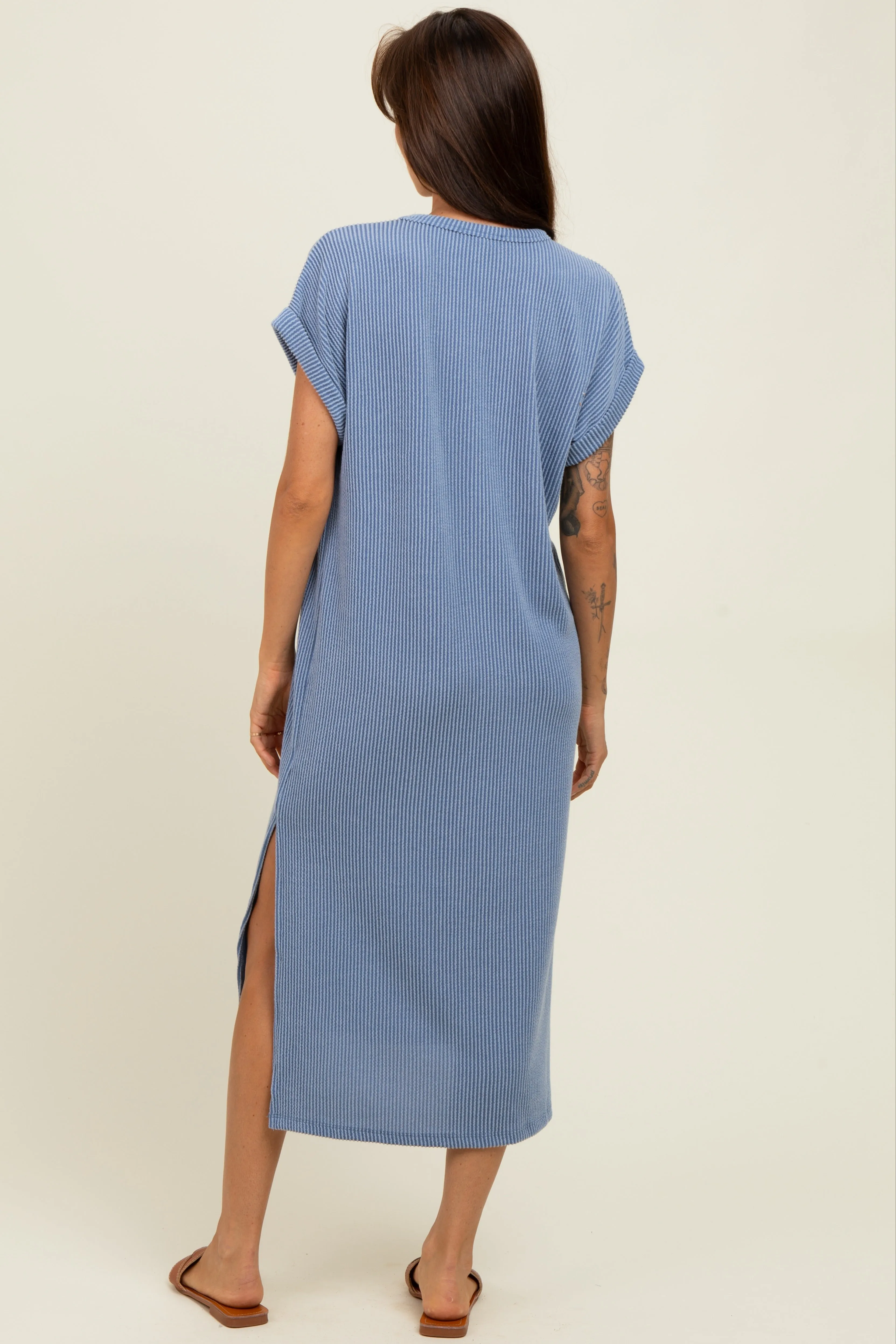 Blue Ribbed Short Sleeve Maternity Midi Dress sold by Pinkblush product image thumbnail 3
