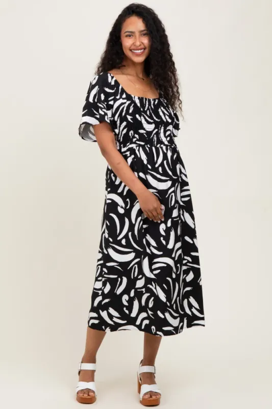 Black Printed Smocked Maternity Midi Dress sold by Pinkblush
