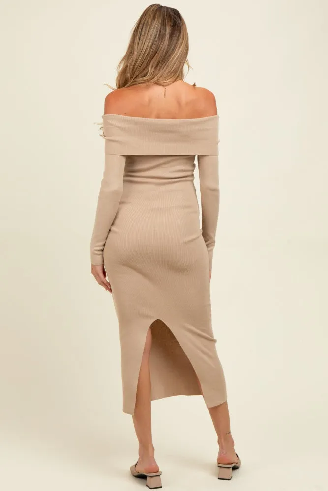 Beige Knit Off Shoulder Long Sleeve Maternity Midi Dress sold by Pinkblush product image thumbnail 3