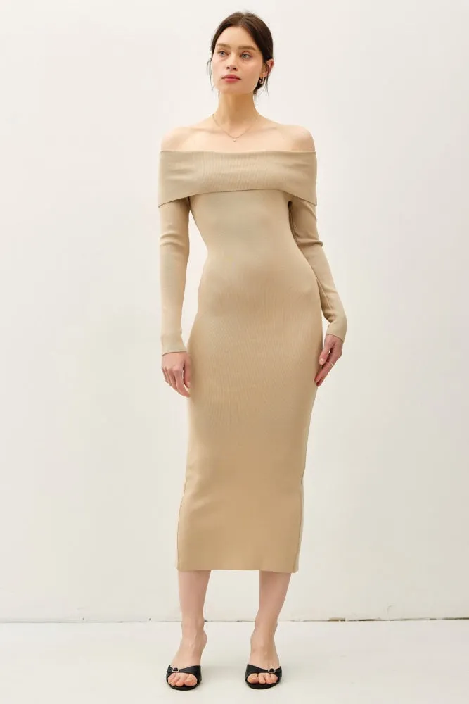 Beige Knit Off Shoulder Long Sleeve Maternity Midi Dress sold by Pinkblush product image thumbnail 4