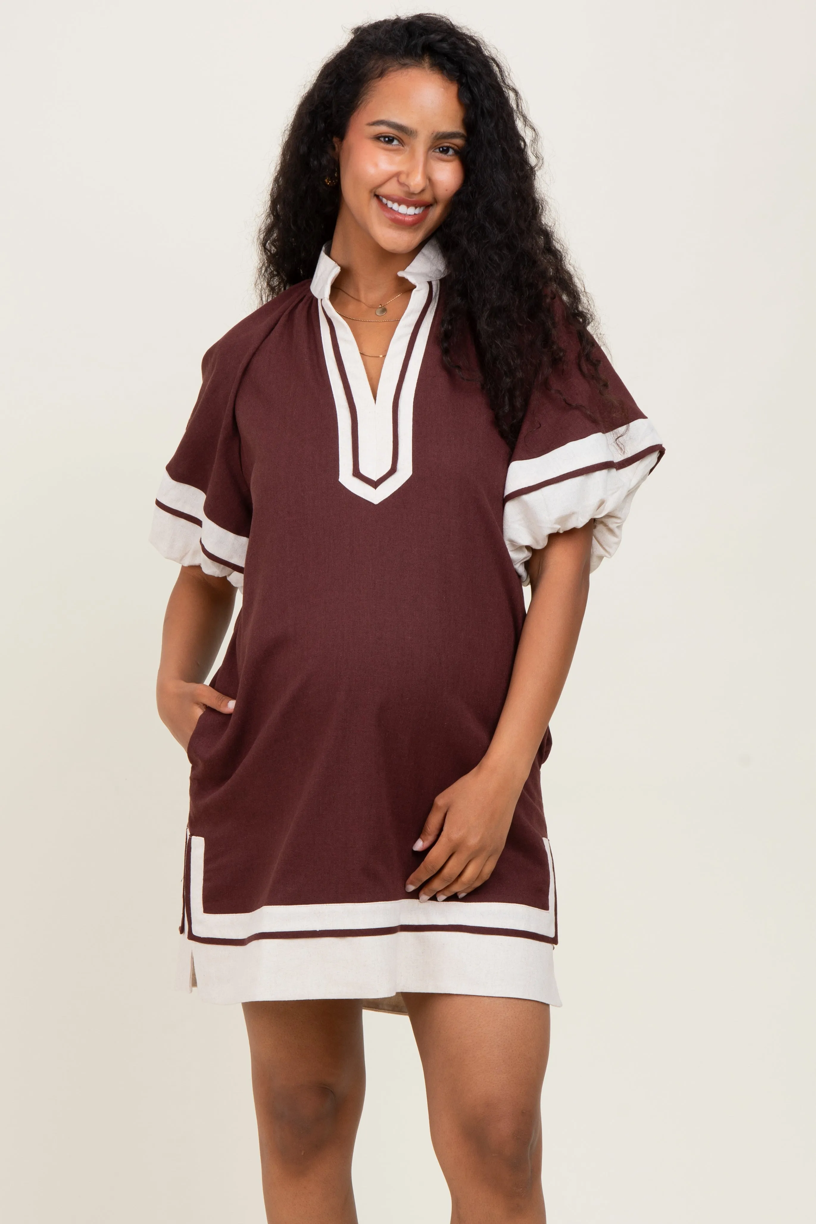 Brown Colorblock Border Print Maternity Mini Shift Dress sold by Pinkblush product image thumbnail 2