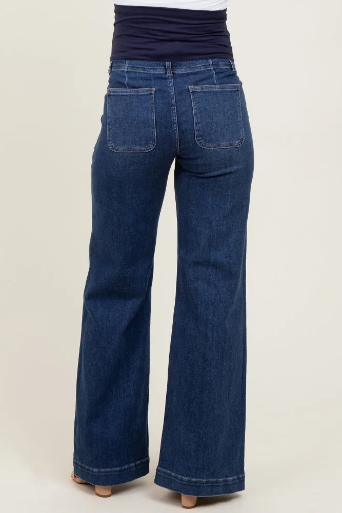 Navy Blue Front Seam Slit Wide Leg Maternity Jeans sold by Pinkblush product image thumbnail 4