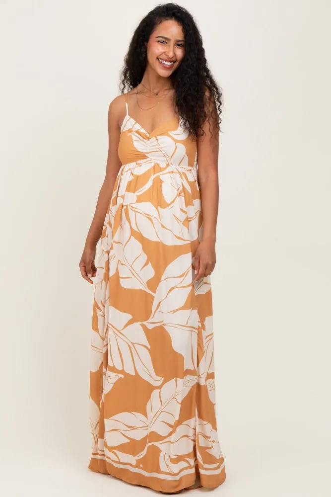 Camel Leaf Print Sleeveless Maternity Maxi Dress sold by Pinkblush