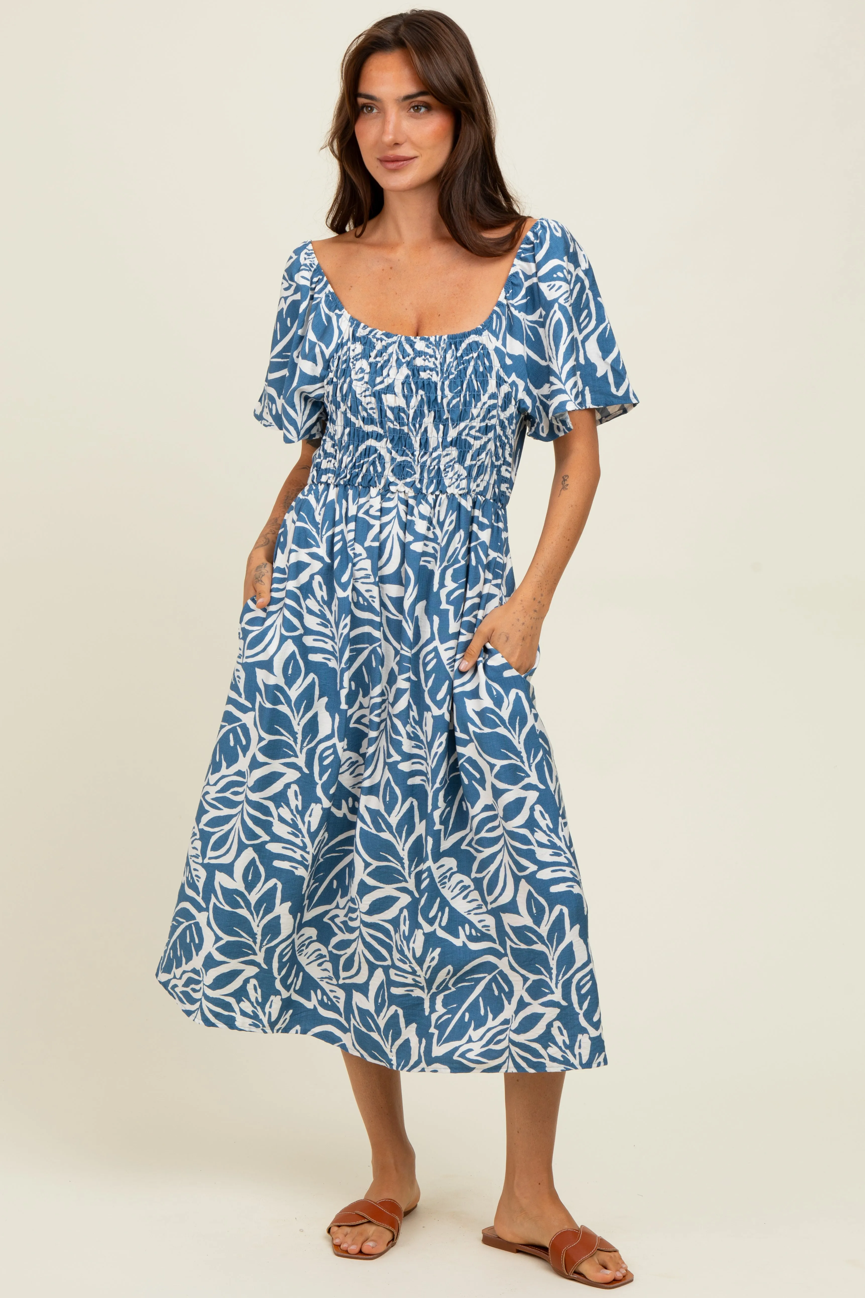 Light Navy Leaf Print Smocked Maternity Midi Dress sold by Pinkblush product image thumbnail 5