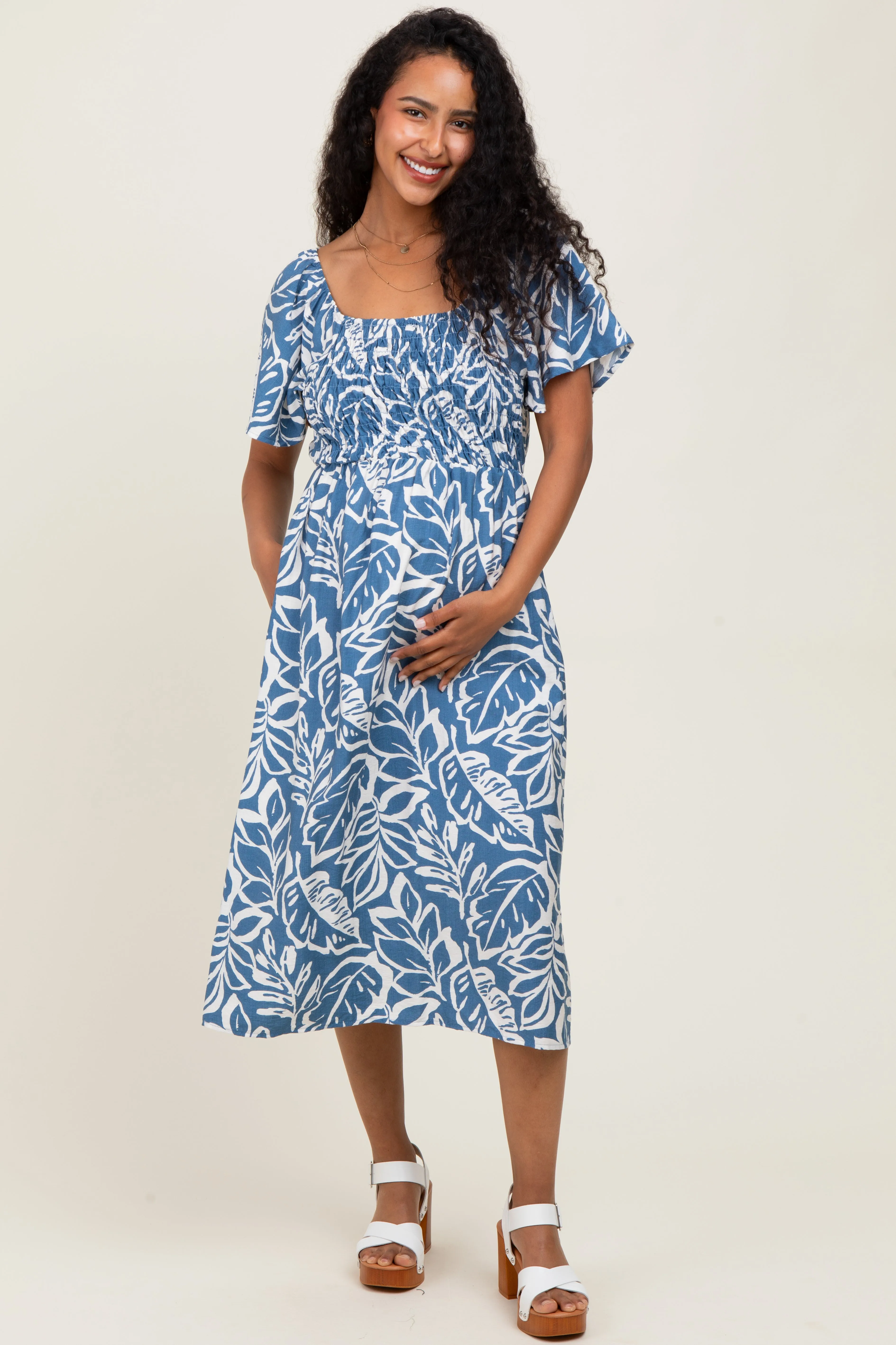 Light Navy Leaf Print Smocked Maternity Midi Dress sold by Pinkblush product image thumbnail 2
