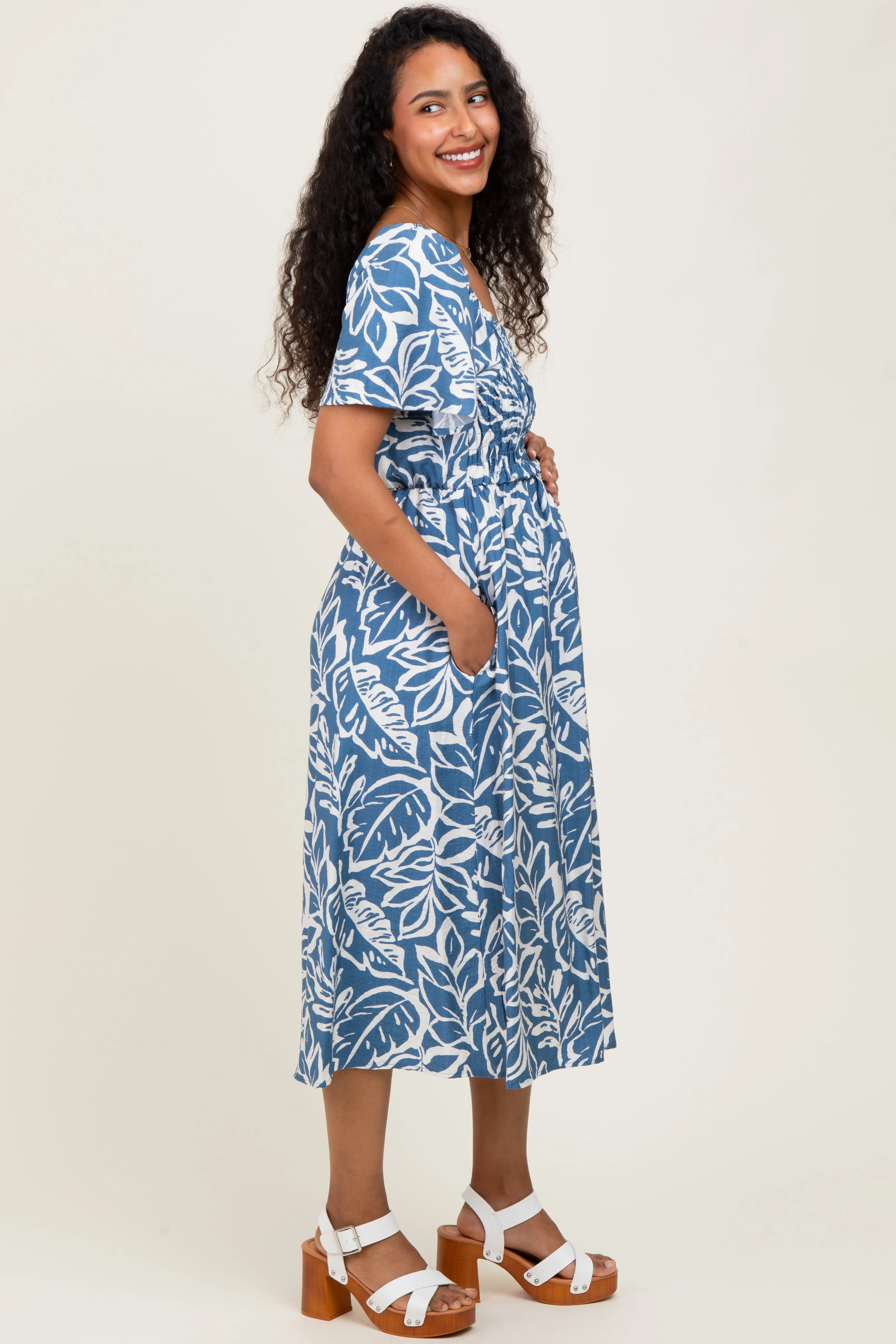 Light Navy Leaf Print Smocked Maternity Midi Dress sold by Pinkblush product image thumbnail 3