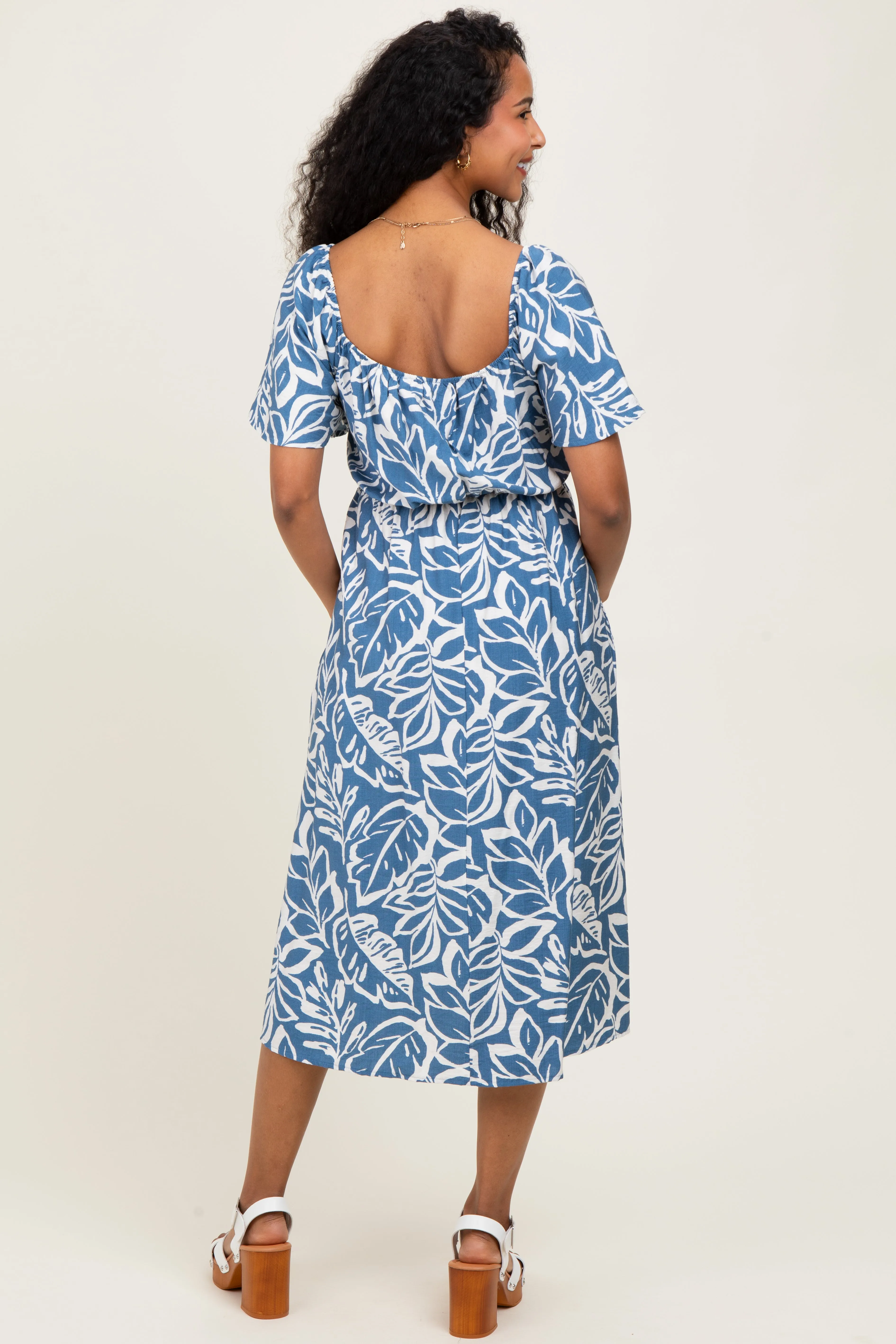 Light Navy Leaf Print Smocked Maternity Midi Dress sold by Pinkblush product image thumbnail 4