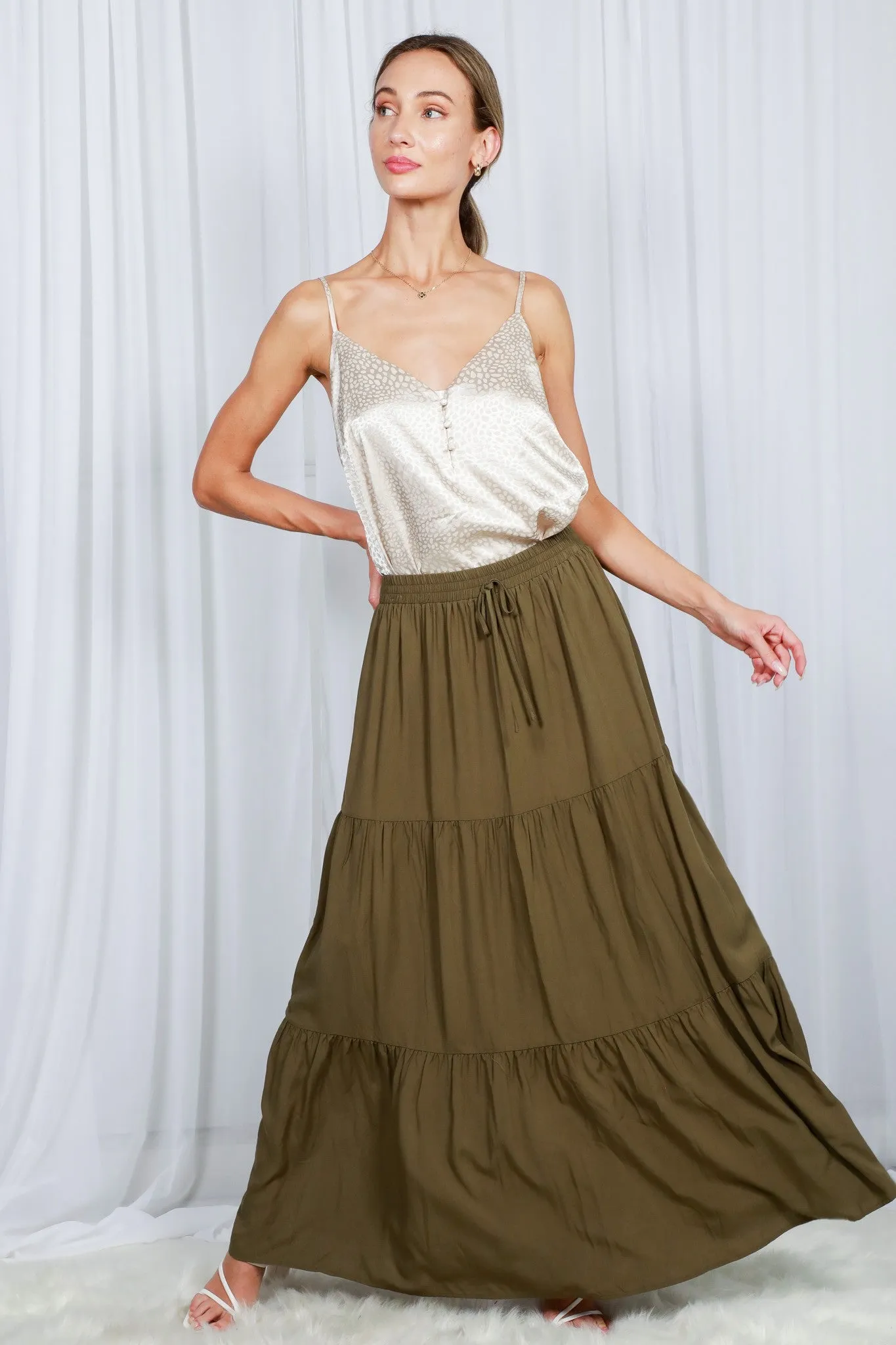 Olive Drawstring Tiered Maxi Skirt sold by Pinkblush