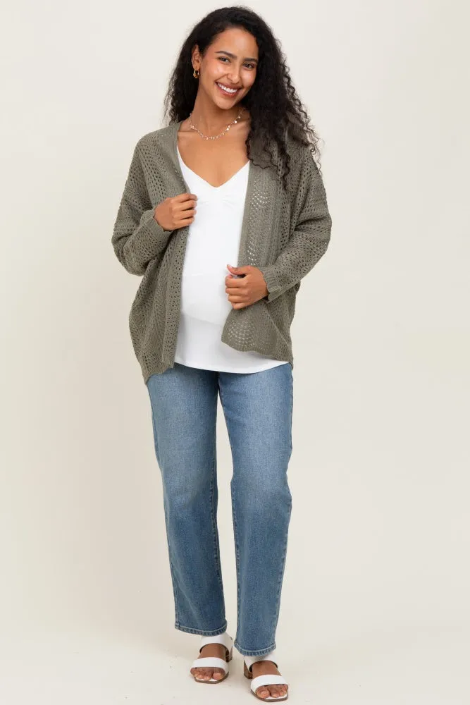 Olive Crochet Knit Scallop Detail Open Maternity Cardigan sold by Pinkblush product image thumbnail 2
